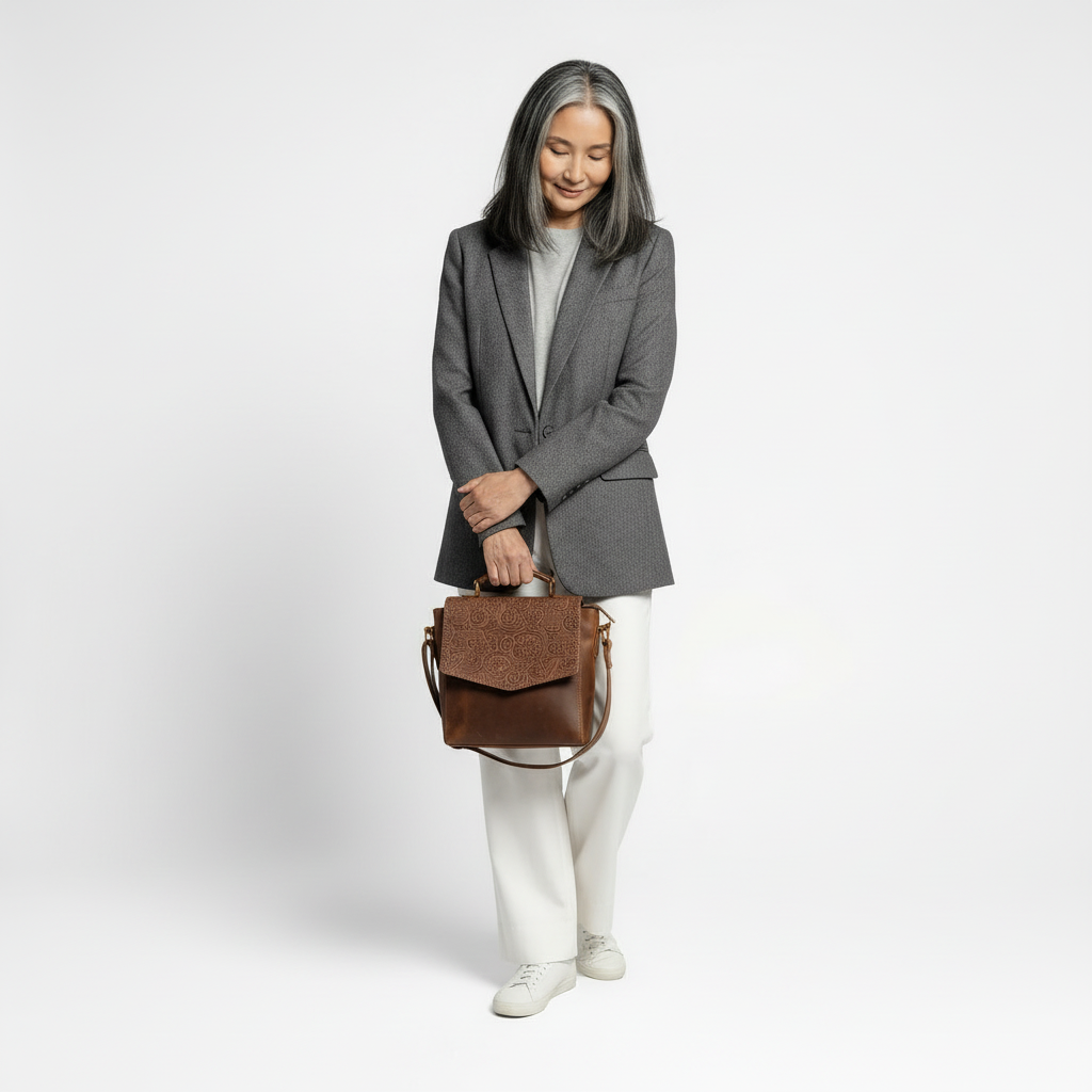 Woman holding a brown leather bag against a white background