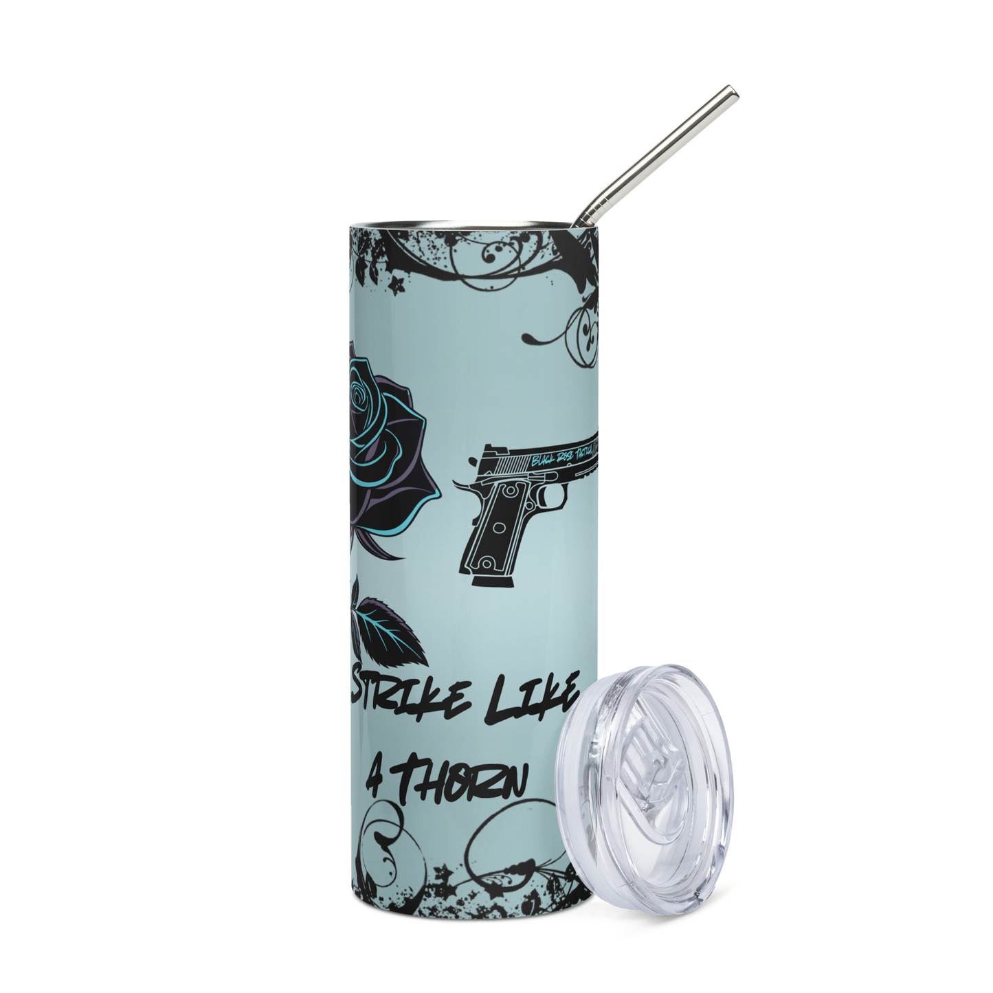 Tumbler with gun and rose design on a light blue background