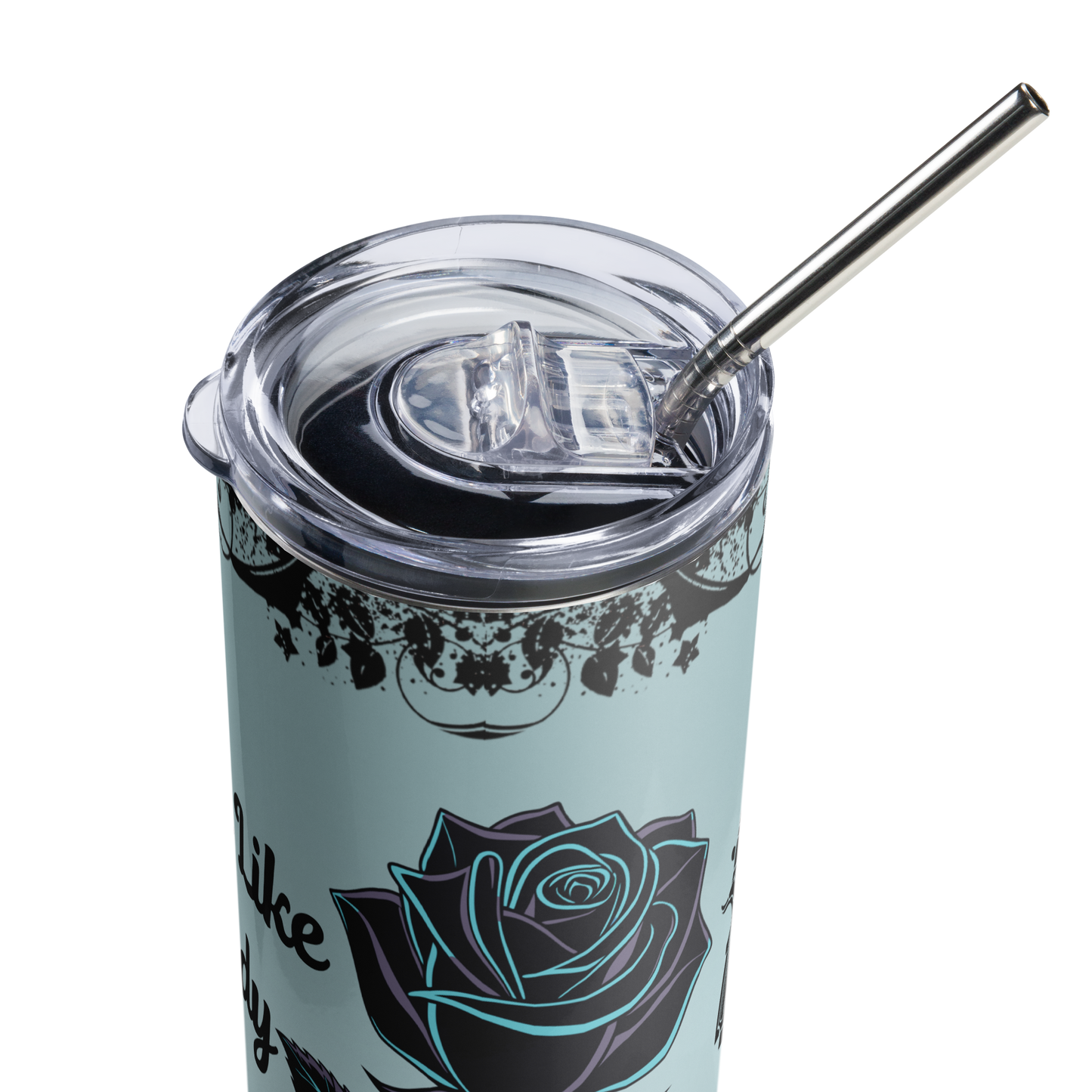 Carry Like a Lady tumbler with rose and pistol artwork, clear lid, straw, and cleaner