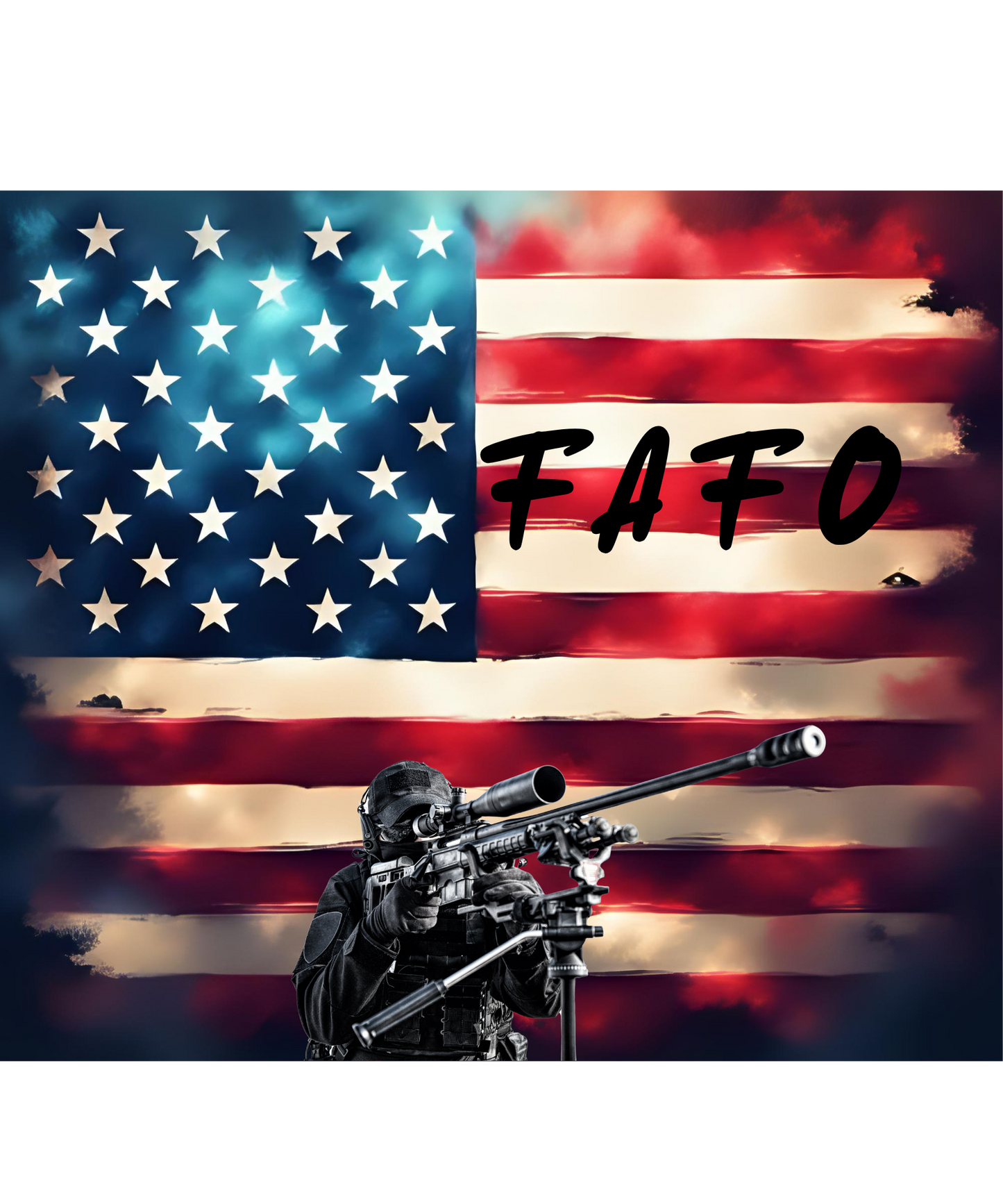 American flag with 'FAFO' text and a person holding a rifle in silhouette.