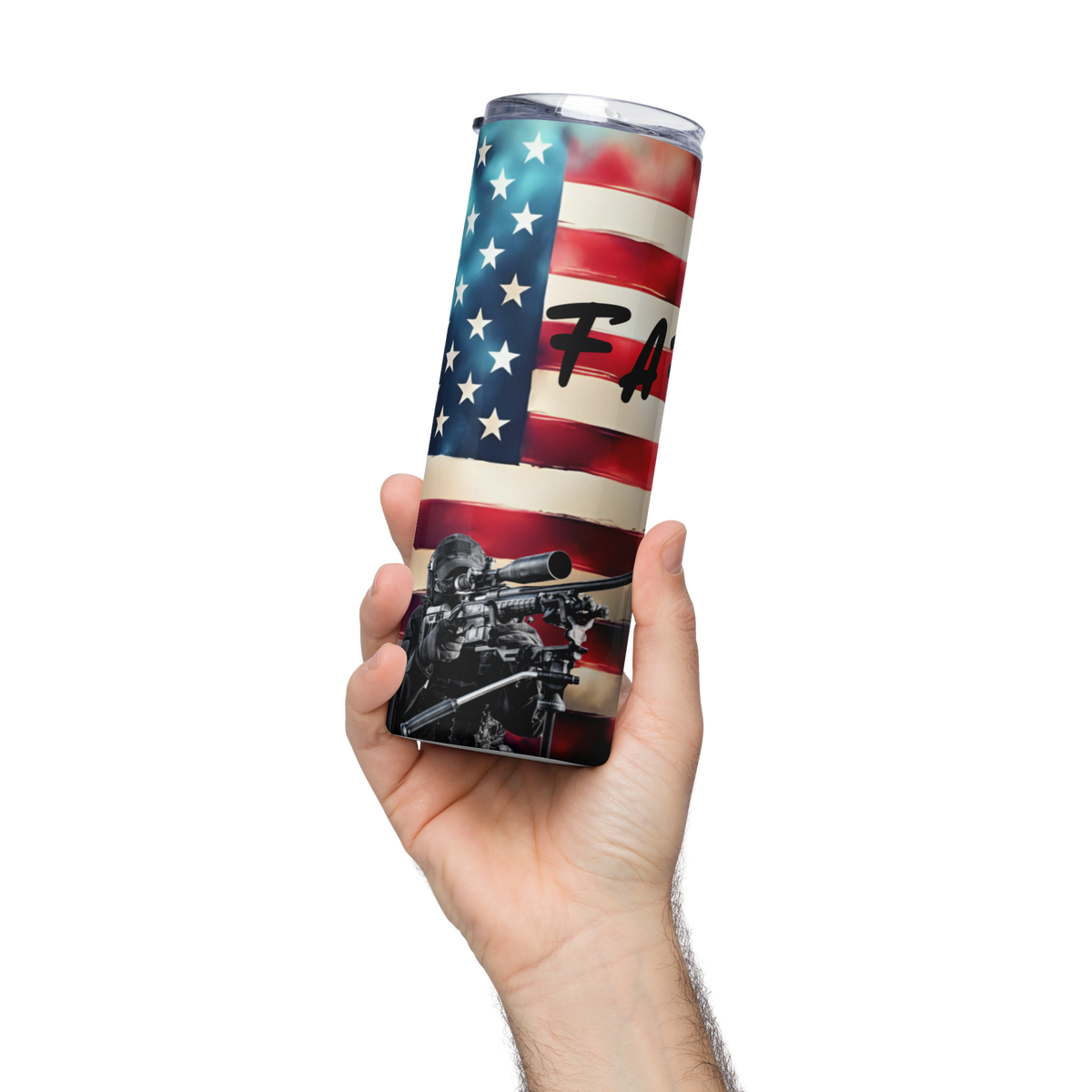 Tumbler with American flag design held by a hand on a white background