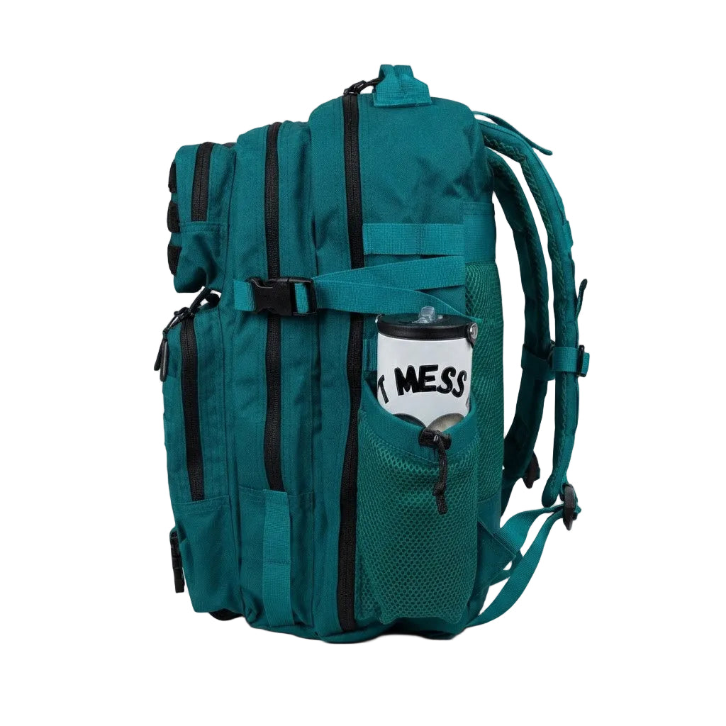 A teal backpack with multiple zippered compartments, a front mesh pocket, and a side water bottle holder containing a white bottle with black text, shown against a plain white background.