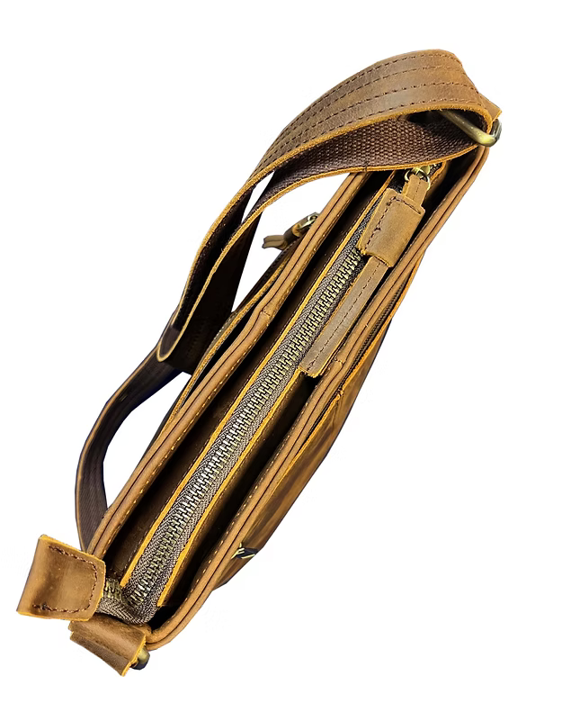 Brown leather crossbody bag with a zipper on a white background