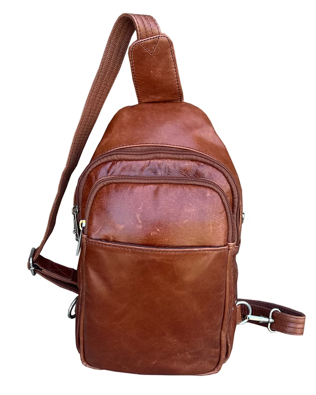 Brown leather sling bag on a white background