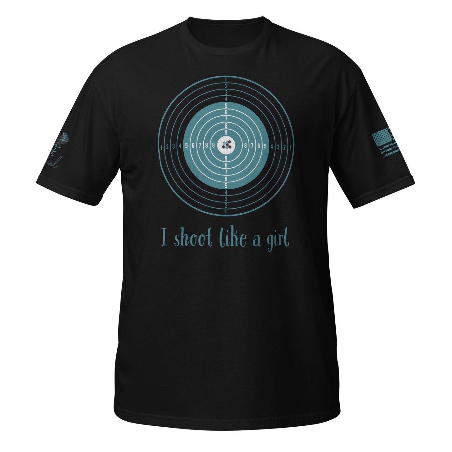 I Shoot Like a Girl short sleeve t-shirt flat lay with bold 2A design black