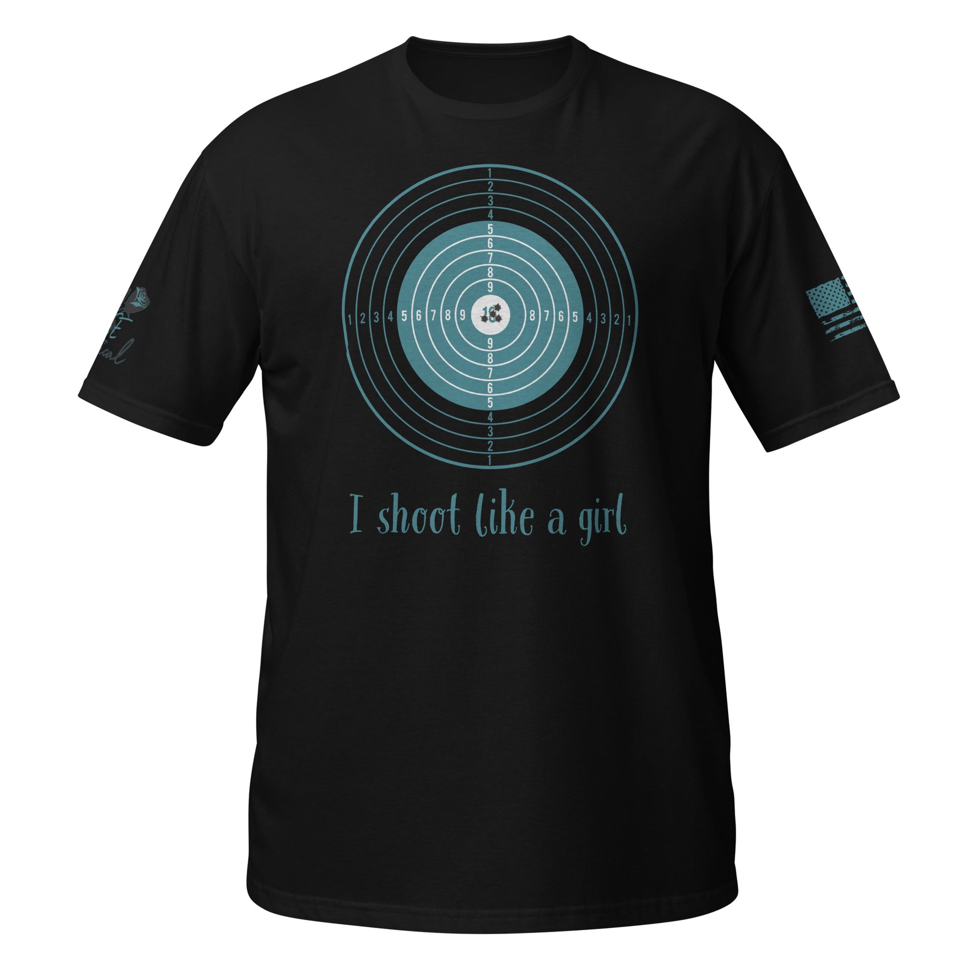 I Shoot Like a Girl short sleeve t-shirt flat lay with bold 2A design black