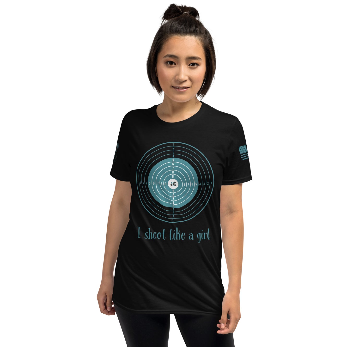 Close-up of I Shoot Like a Girl print on soft ring-spun cotton tee.