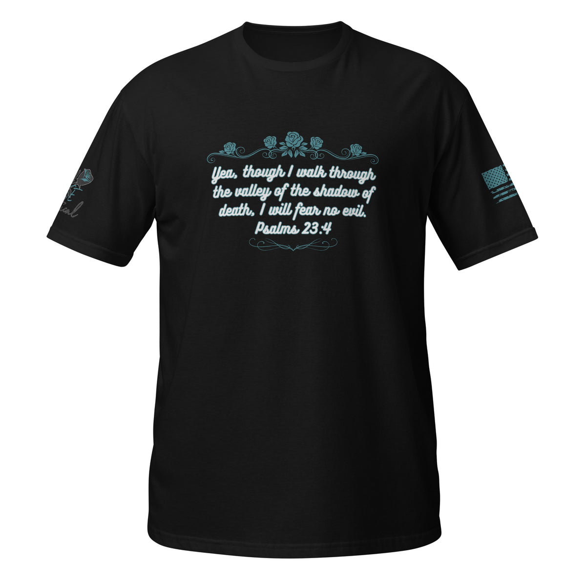 Close-up of Psalms 23:4 Bible verse design printed on black cotton T-shirt
