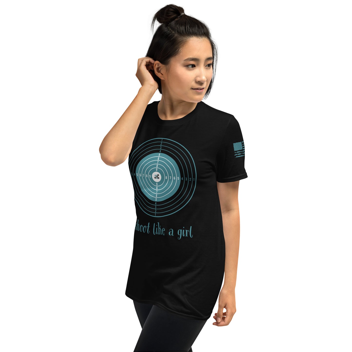 Woman wearing I Shoot Like a Girl shirt