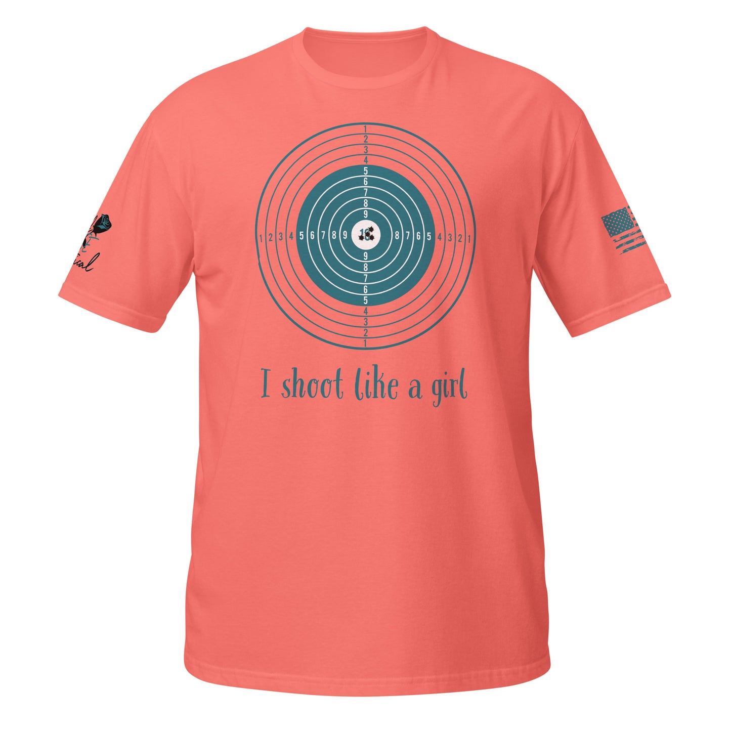 I Shoot Like a Girl short sleeve t-shirt flat lay with bold 2A design orange