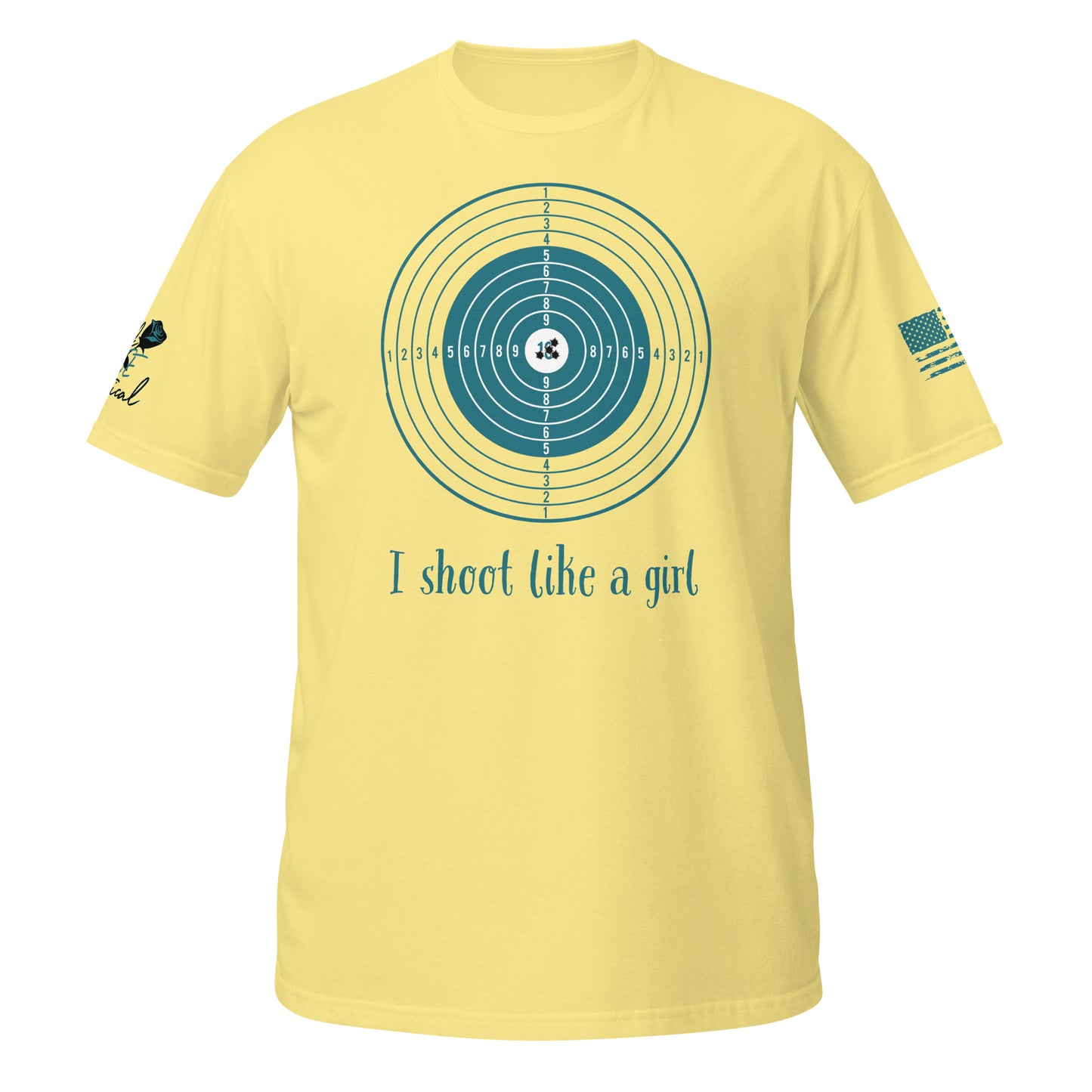 I Shoot Like a Girl short sleeve t-shirt flat lay with bold 2A design yellow