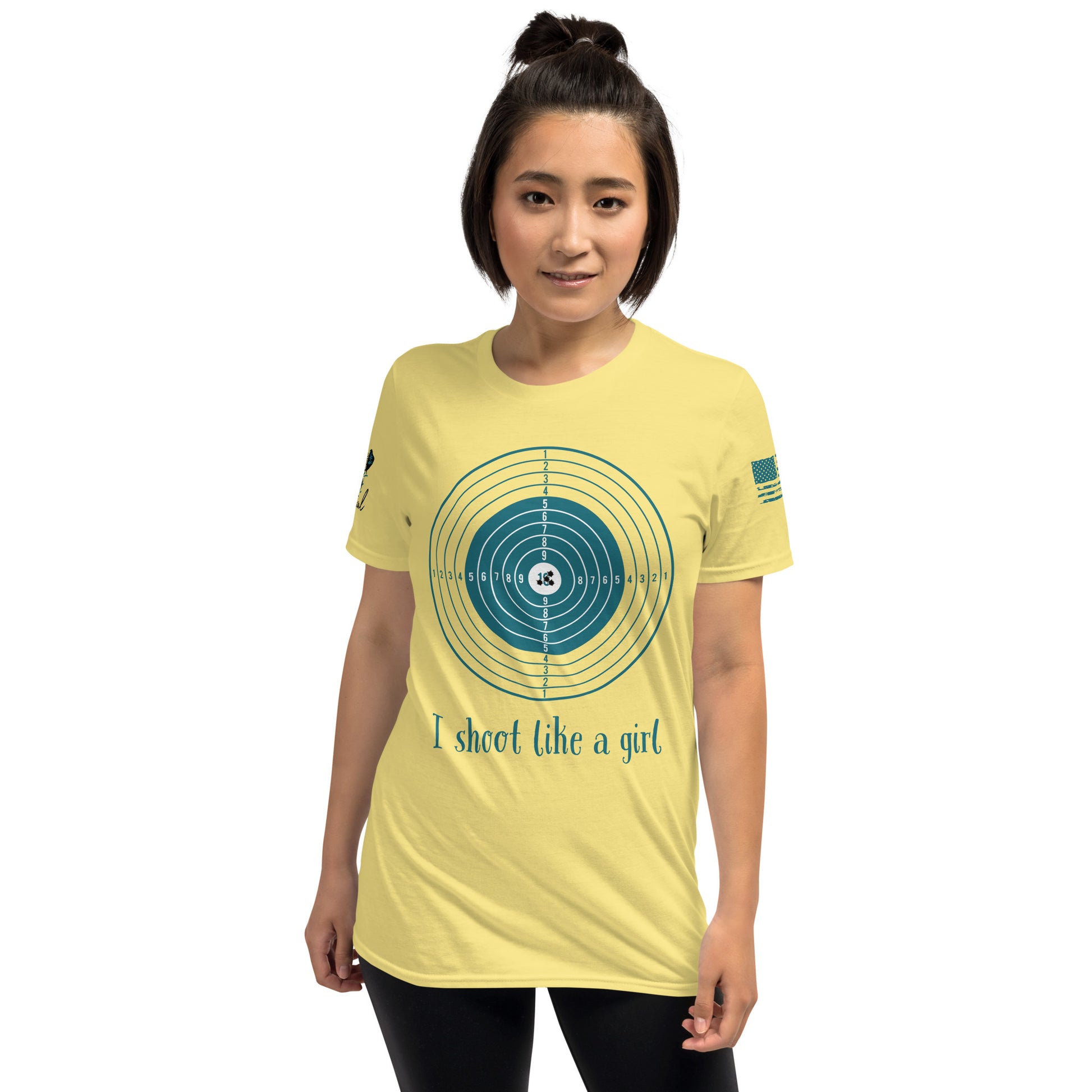 Woman wearing a yellow t-shirt with a graphic design and text on a white background