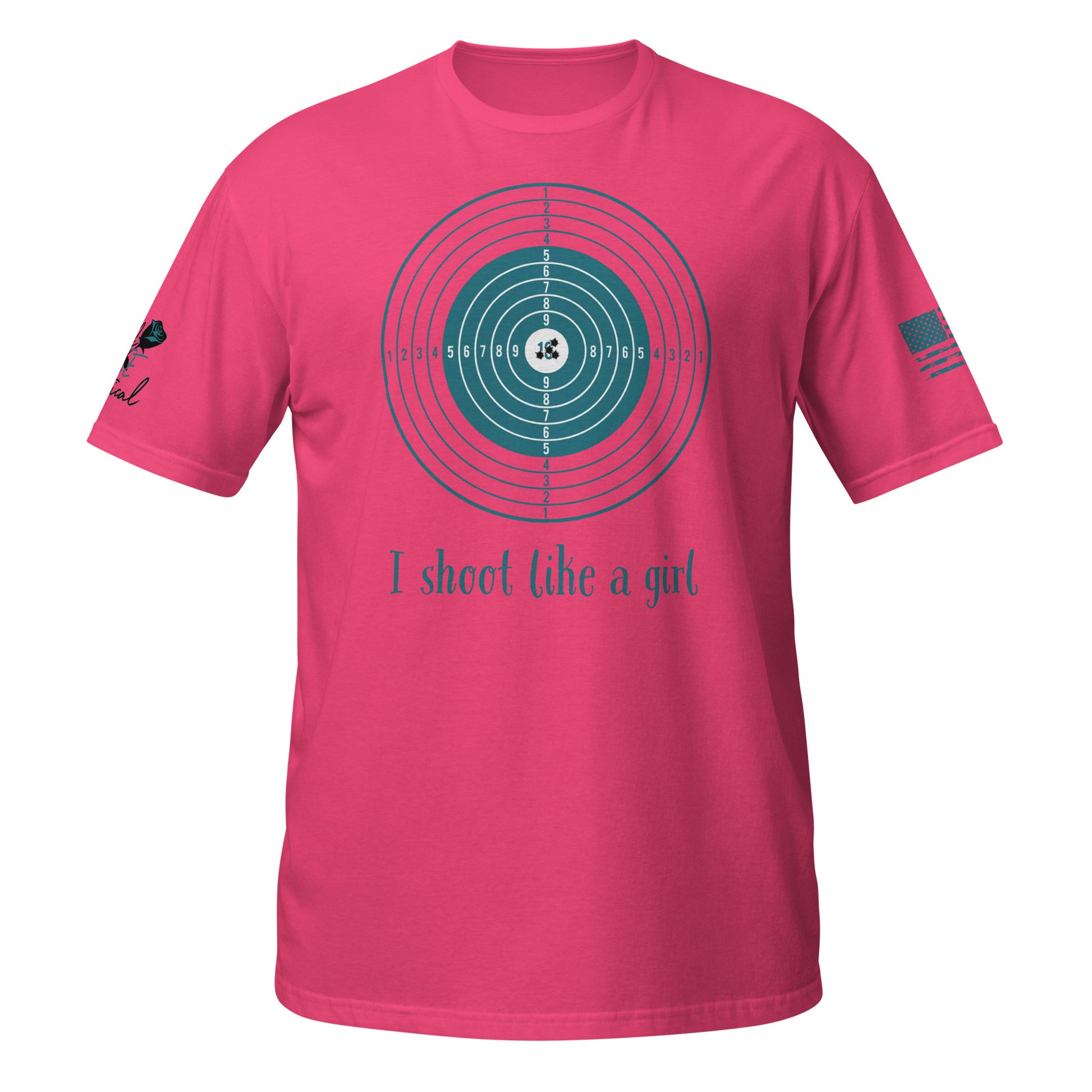 I Shoot Like a Girl short sleeve t-shirt flat lay with bold 2A design pink