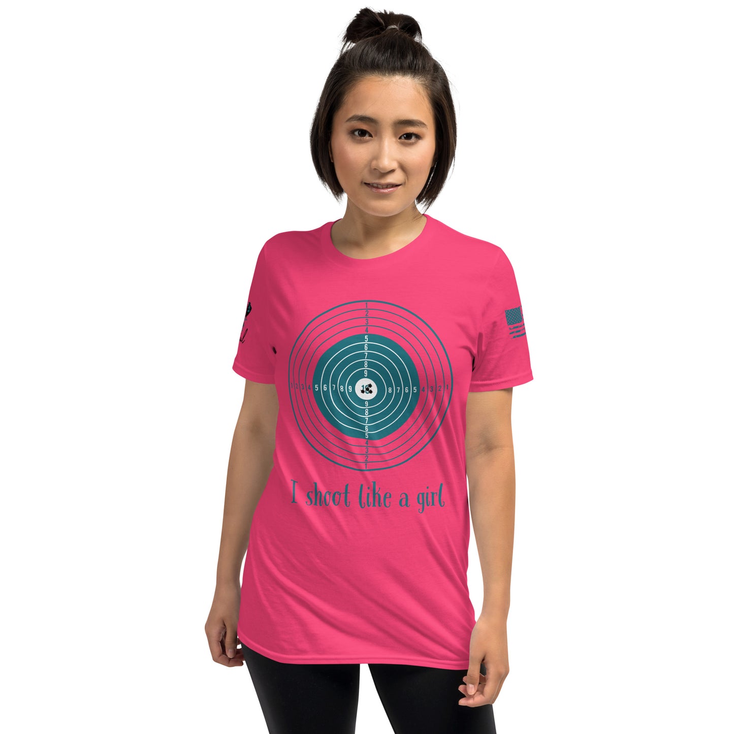 Person wearing a pink t-shirt with a graphic design and text on a white background