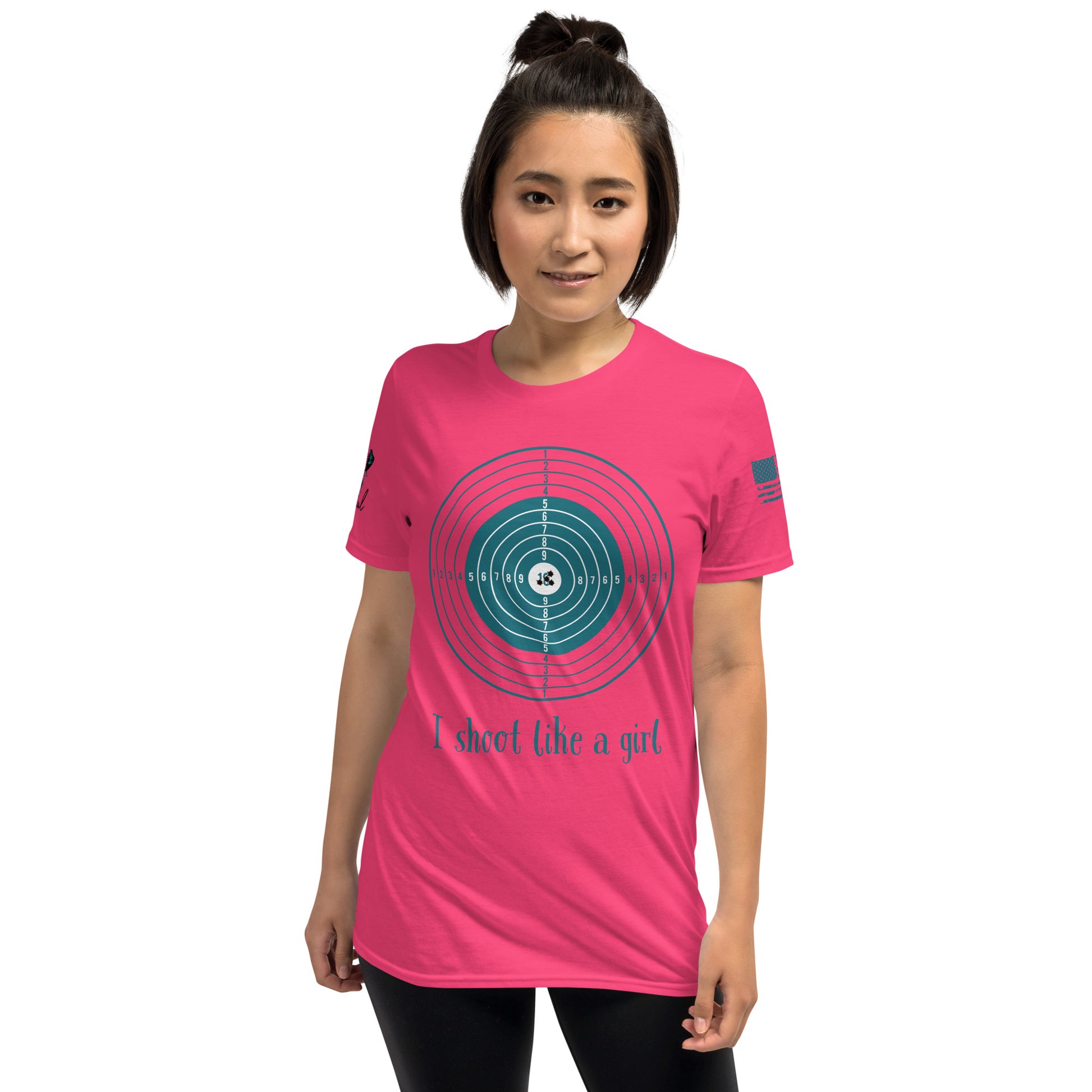Person wearing a pink t-shirt with a graphic design and text on a white background