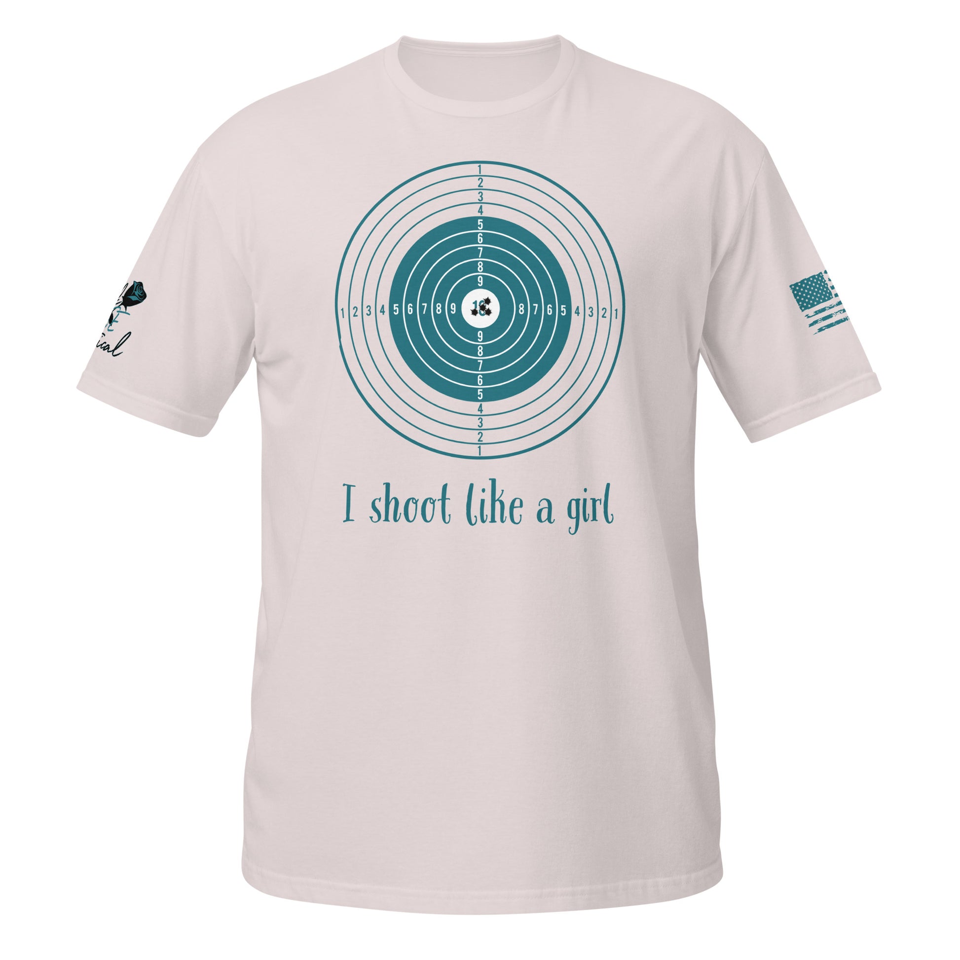 I Shoot Like a Girl short sleeve t-shirt flat lay with bold 2A design ice gray