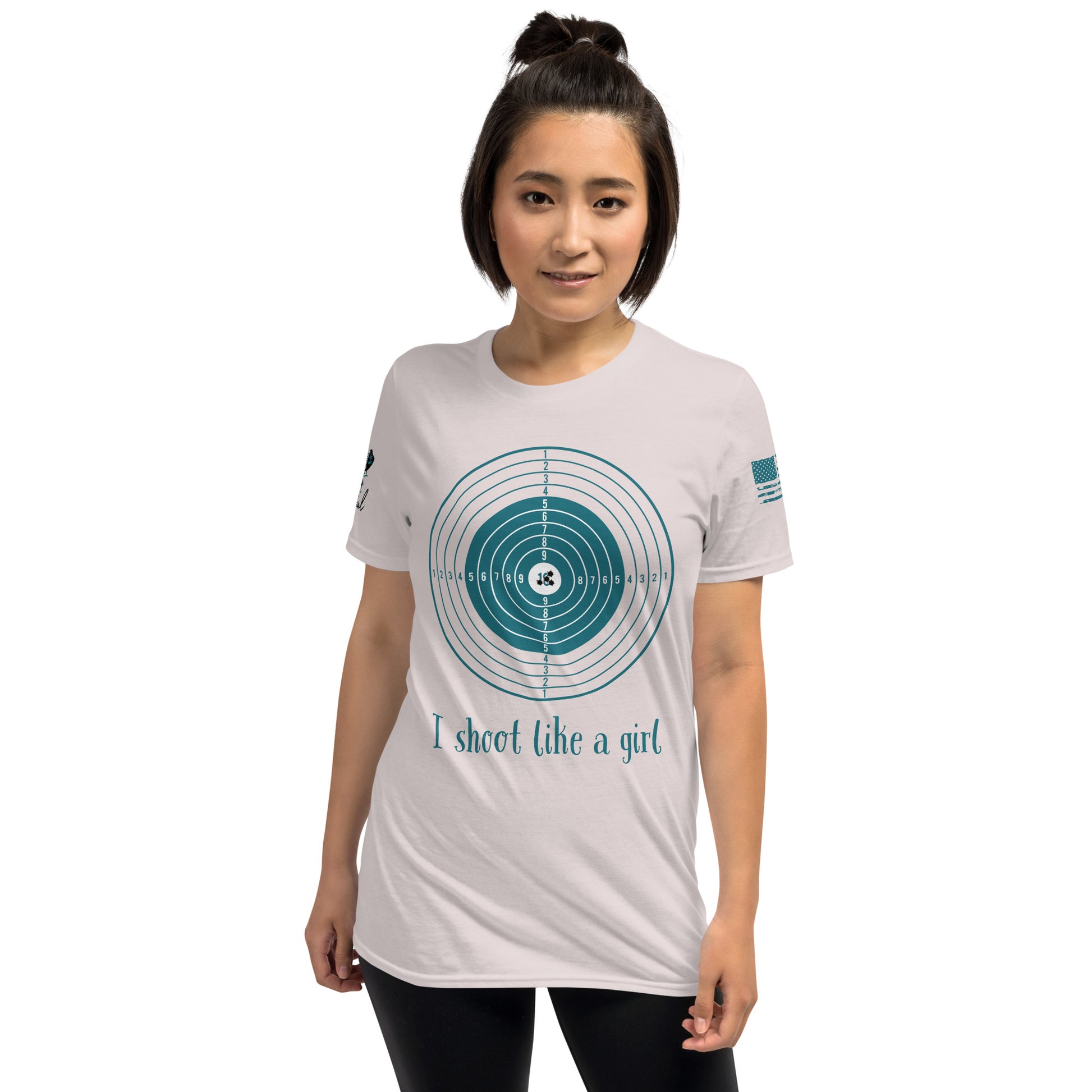 Woman wearing a t-shirt with a graphic design and text on a white background