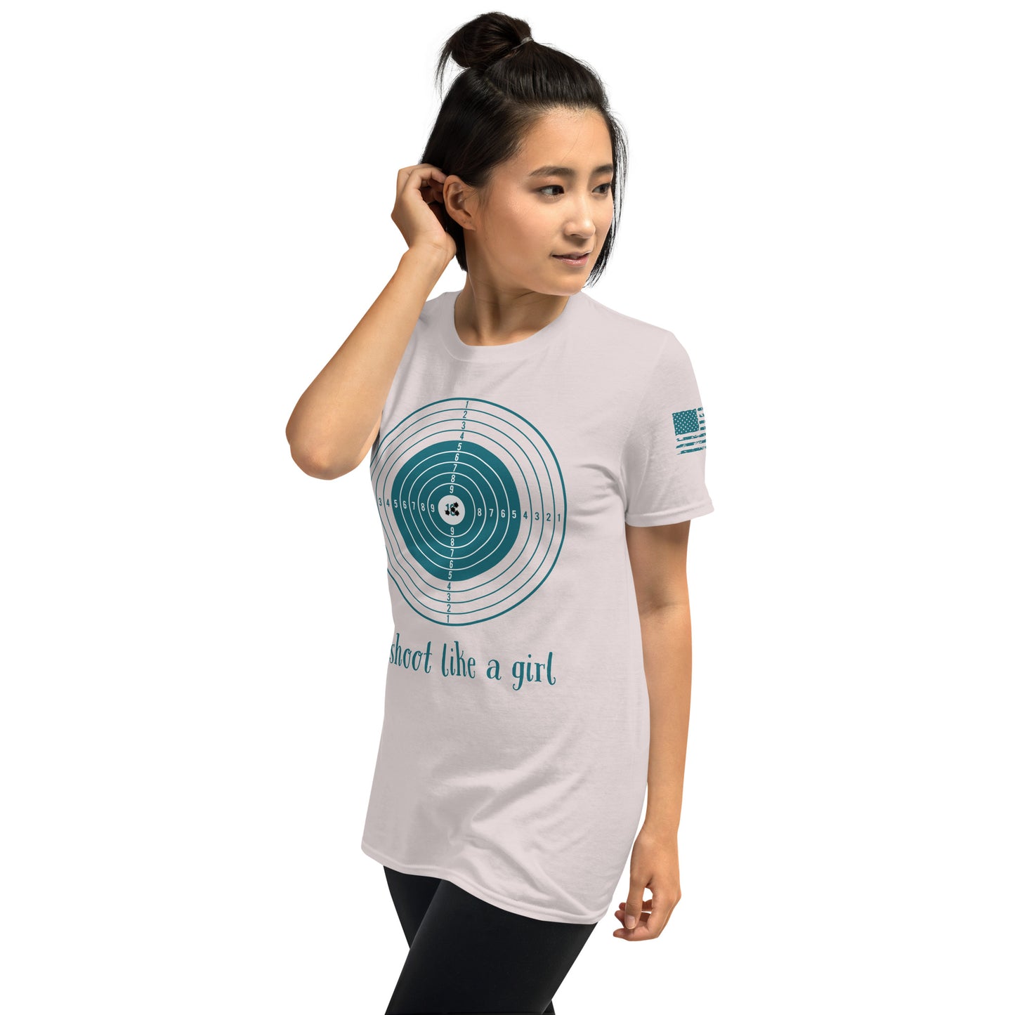 Woman wearing a white t-shirt with a graphic design and text on a white background