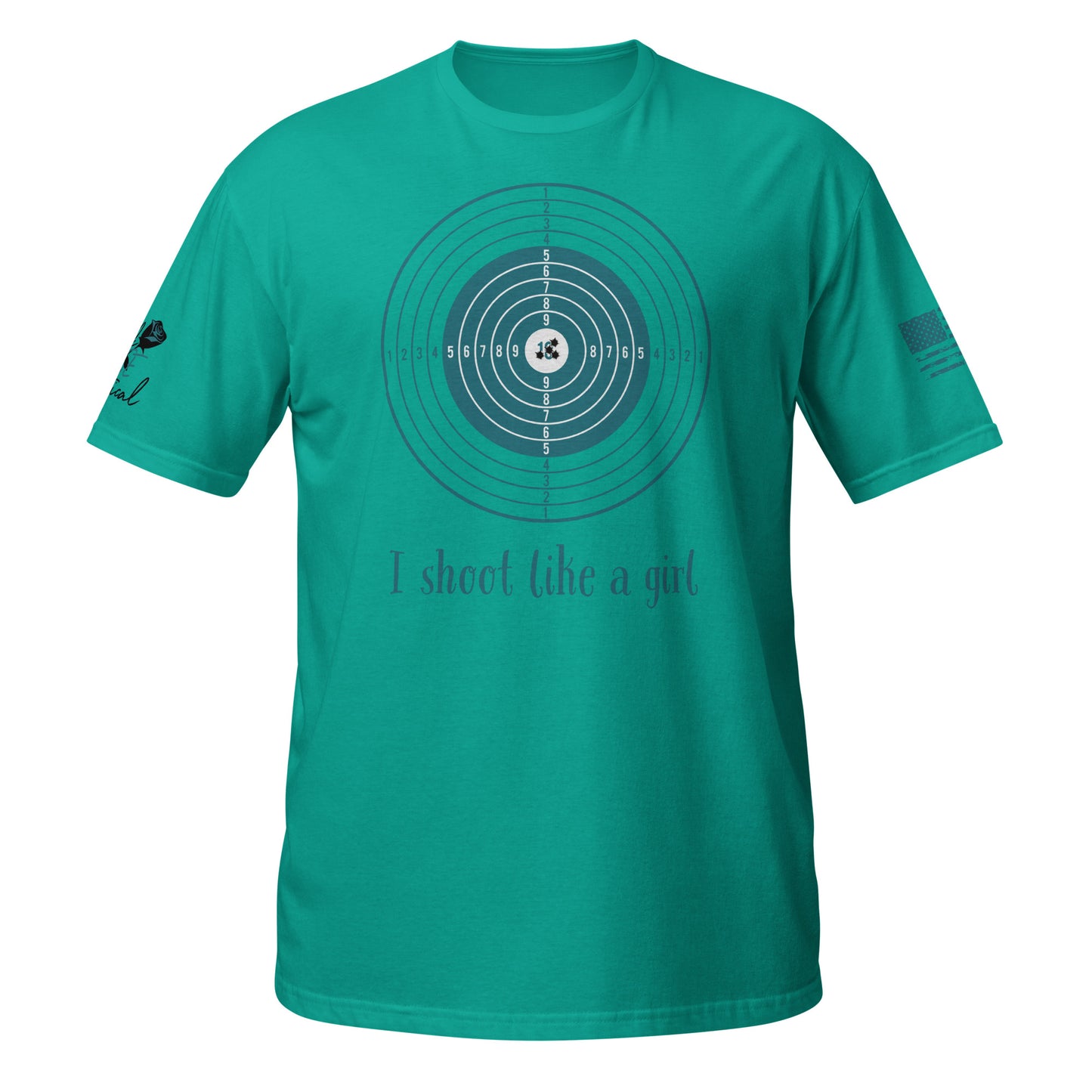 I Shoot Like a Girl short sleeve t-shirt flat lay with bold 2A design jade