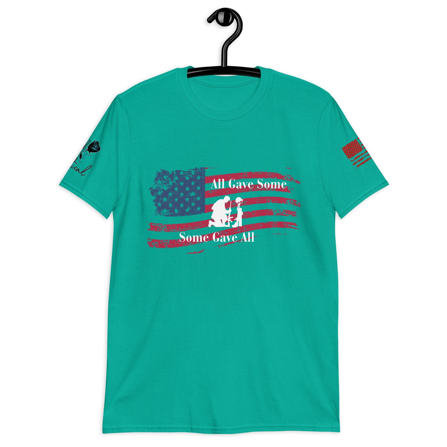 Front view of All Gave Some Some Gave All short sleeve patriotic shirt on plain background jade green
