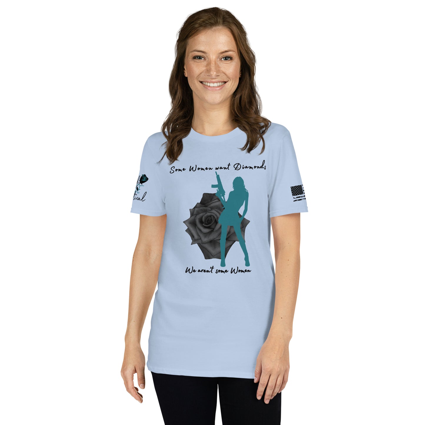 Model wearing We Aren’t Some Women short sleeve shirt with casual pants.