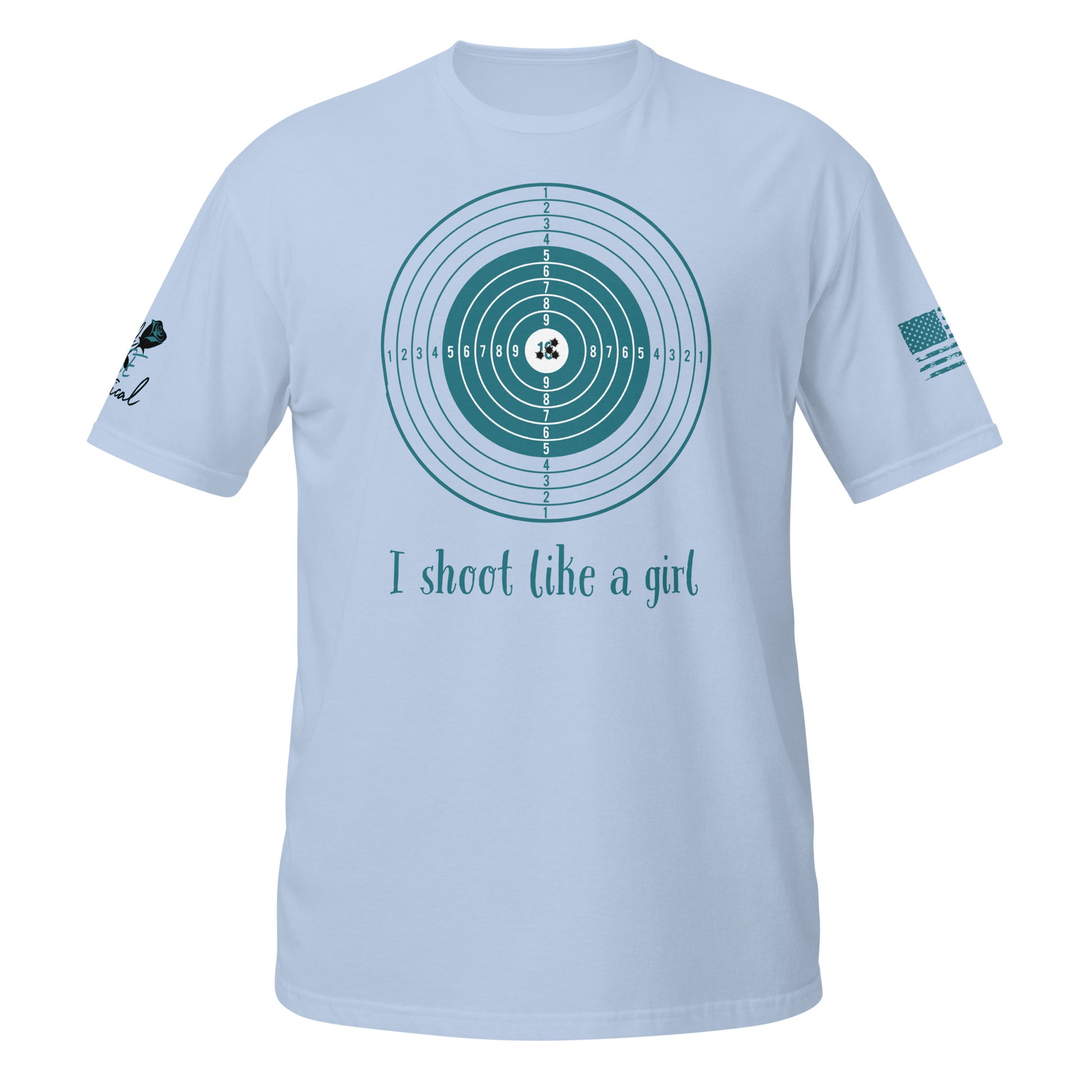 I Shoot Like a Girl short sleeve t-shirt flat lay with bold 2A design light blue