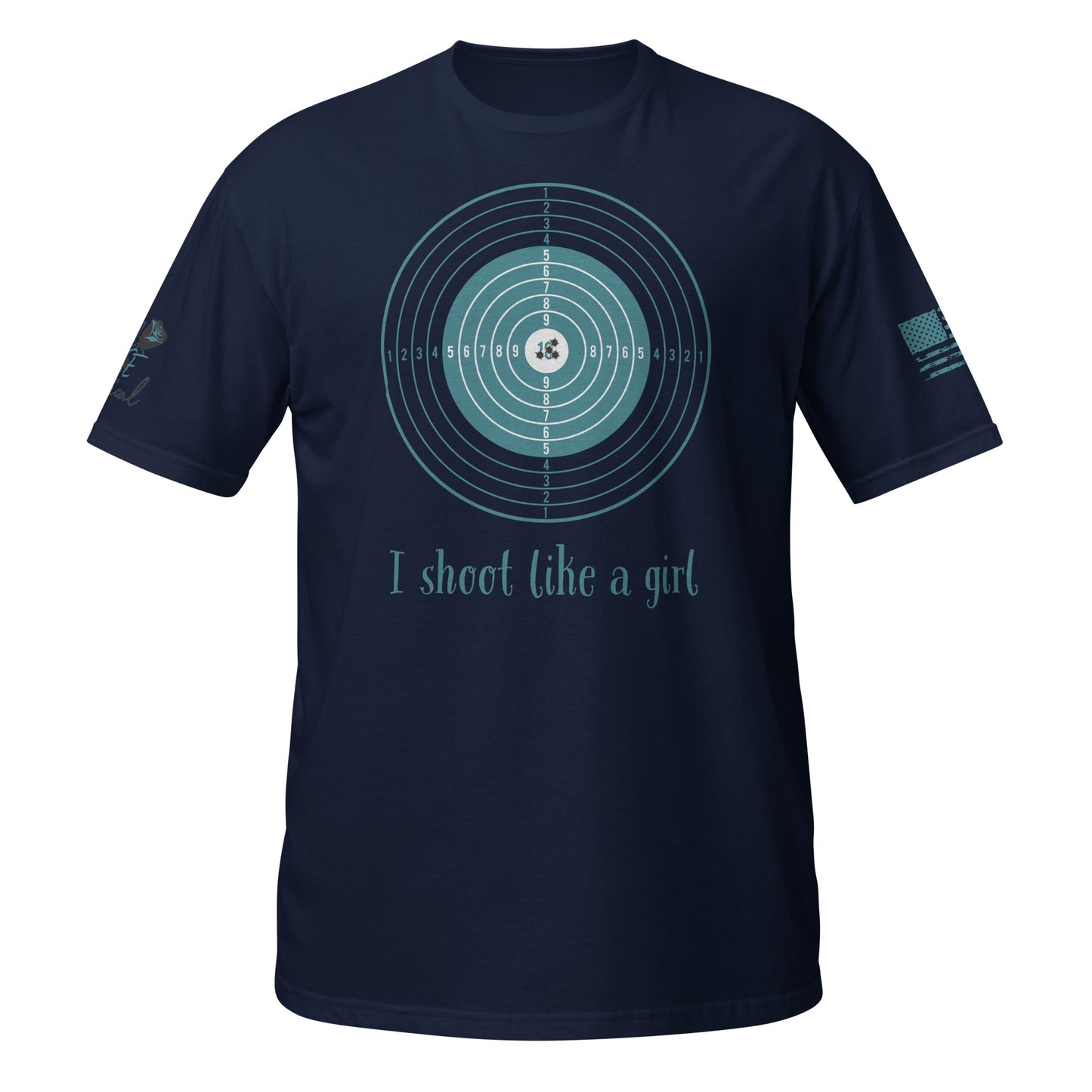 I Shoot Like a Girl short sleeve t-shirt flat lay with bold 2A design navy