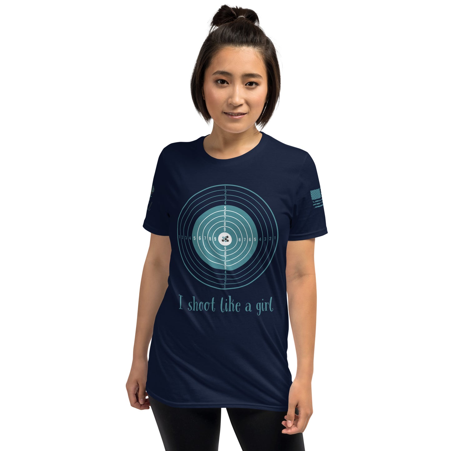 Casual outfit with jeans and I Shoot Like a Girl t-shirt.