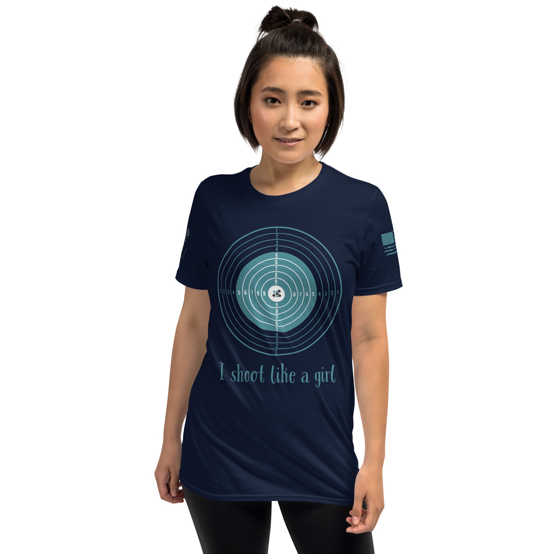 Casual outfit with jeans and I Shoot Like a Girl t-shirt.