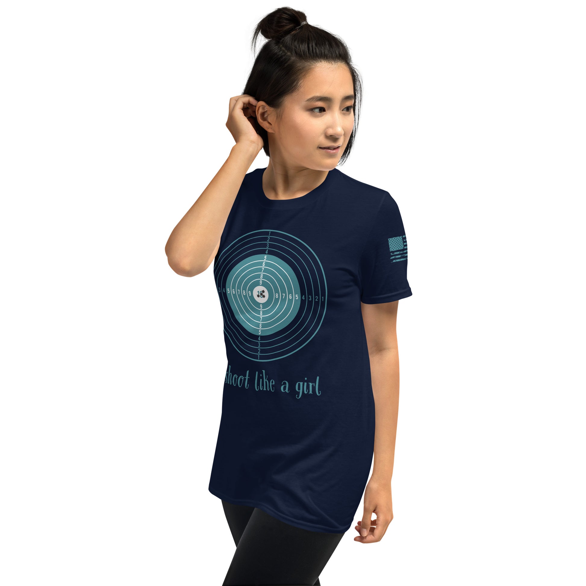 Model showcasing the fit and style of I Shoot Like a Girl short sleeve tee.