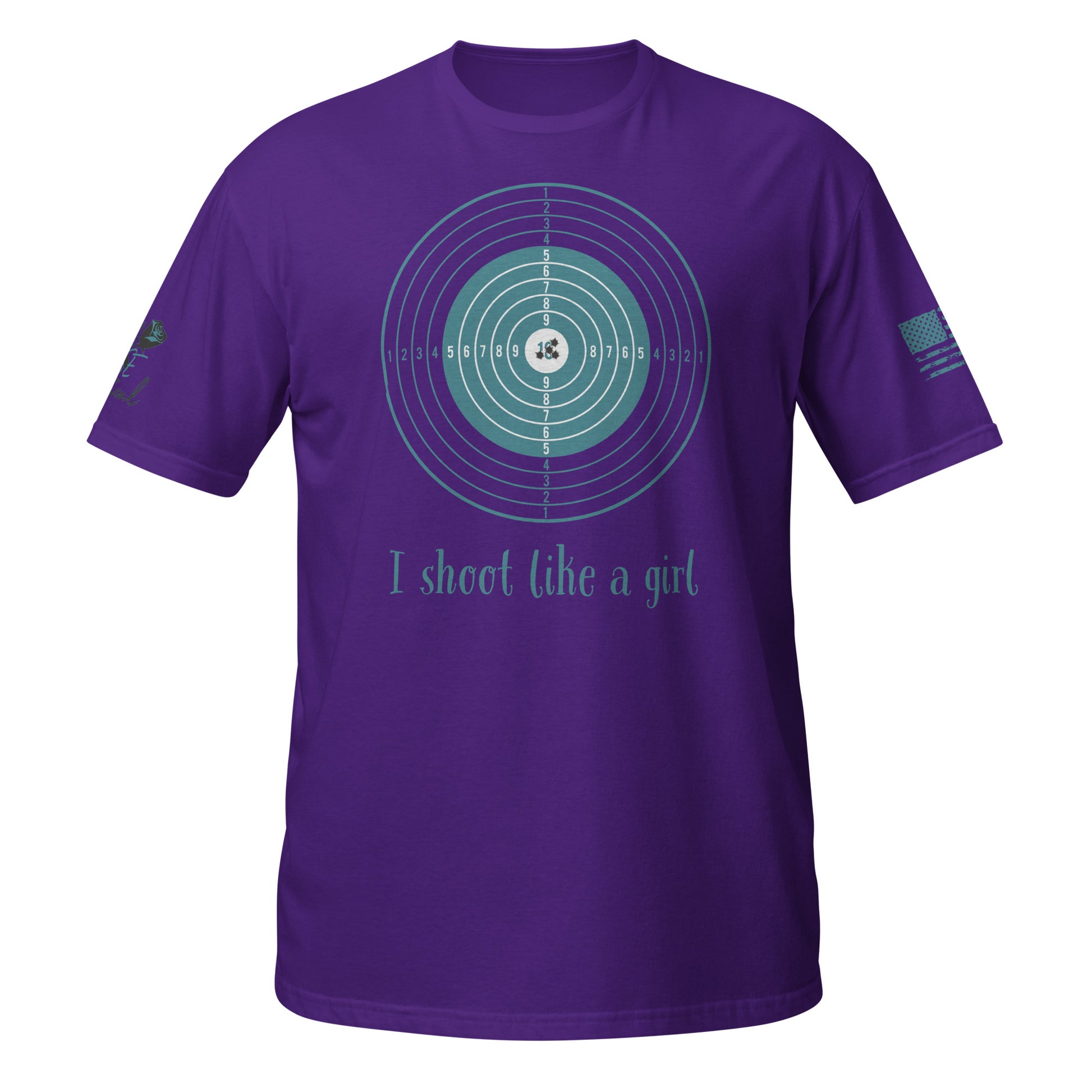 I Shoot Like a Girl short sleeve t-shirt flat lay with bold 2A design purple