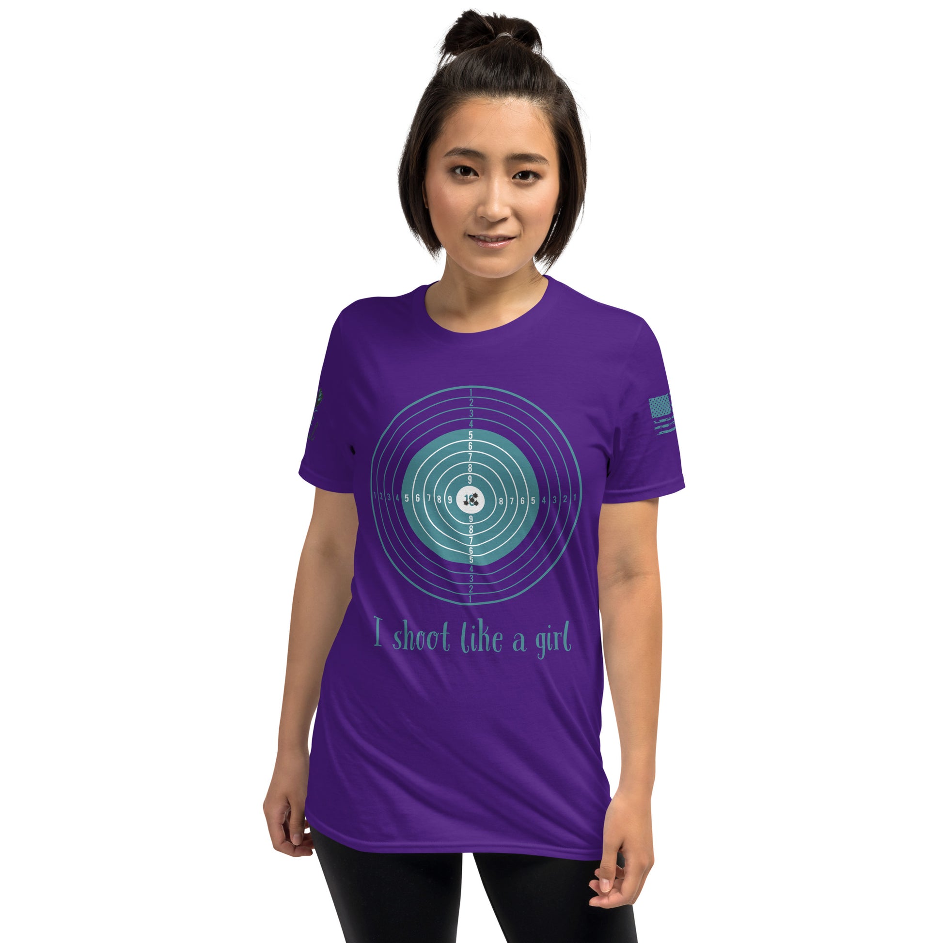 Front view of I Shoot Like a Girl cotton t-shirt with shooting slogan.