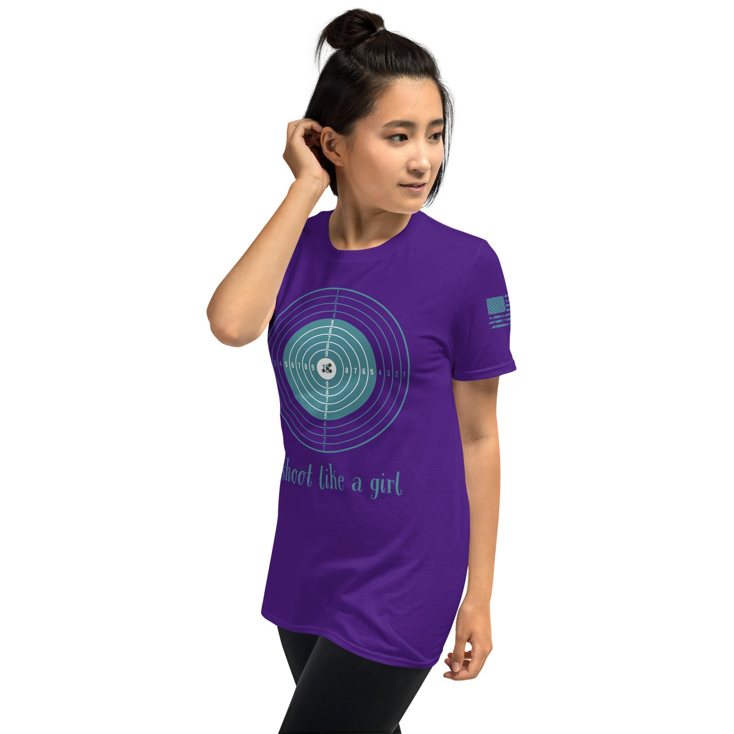 Woman wearing a purple t-shirt with a graphic design and text on a white background