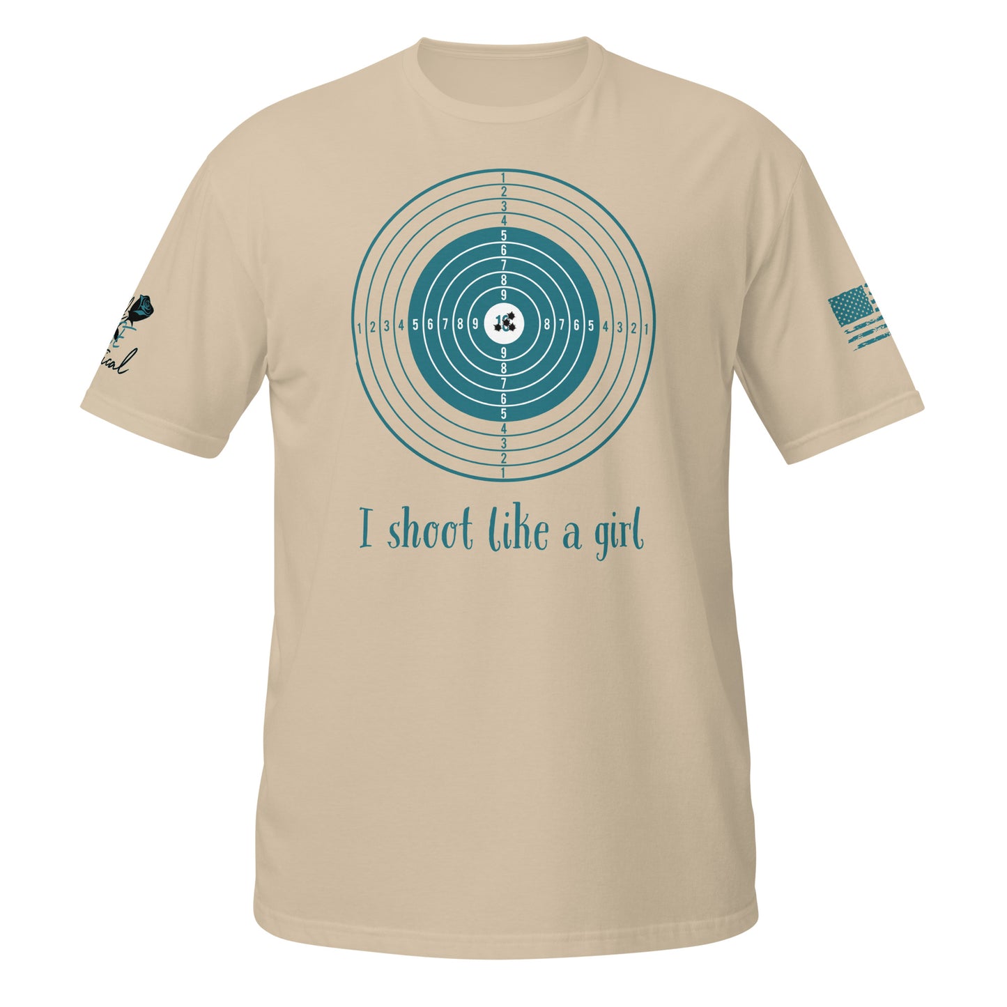 I Shoot Like a Girl short sleeve t-shirt flat lay with bold 2A design sand