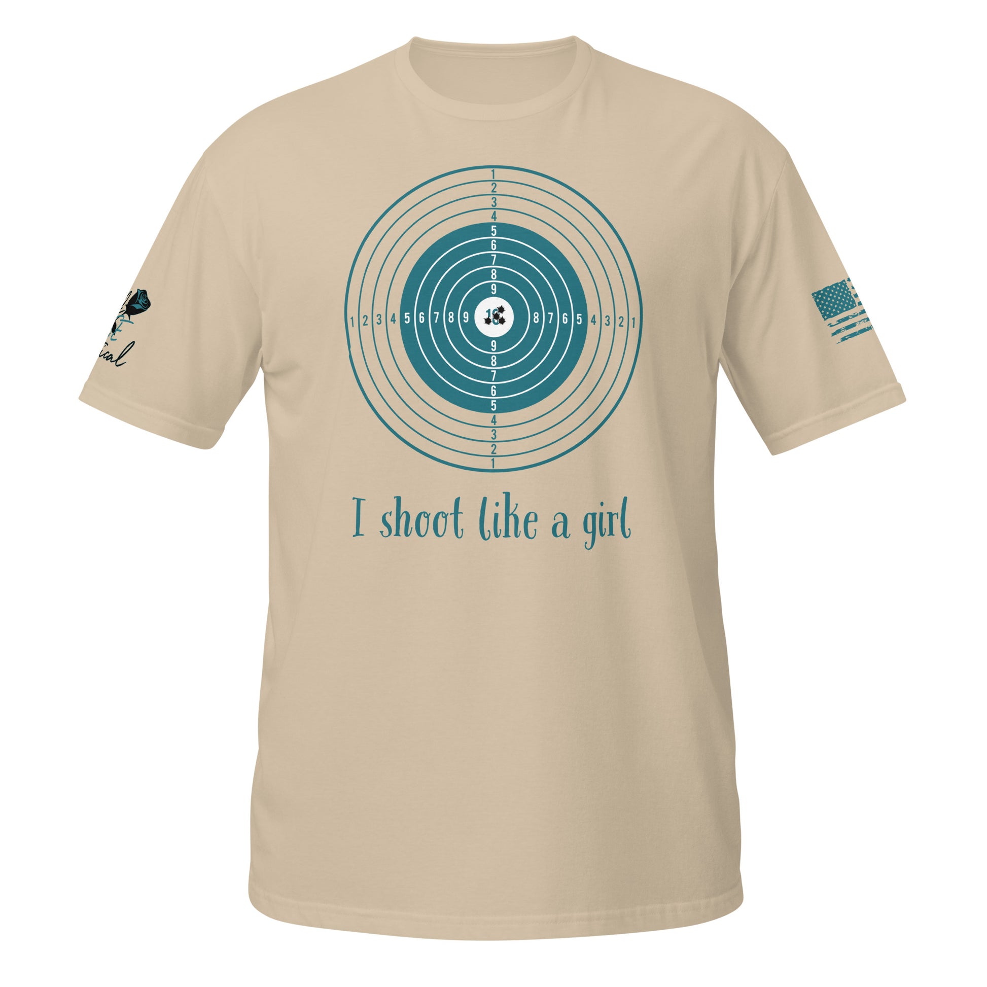 I Shoot Like a Girl short sleeve t-shirt flat lay with bold 2A design sand