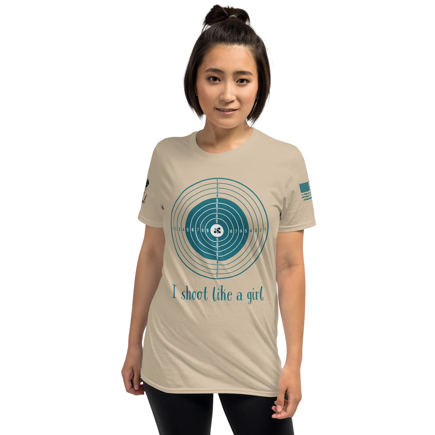 Woman wearing a beige t-shirt with a graphic design and text on a white background