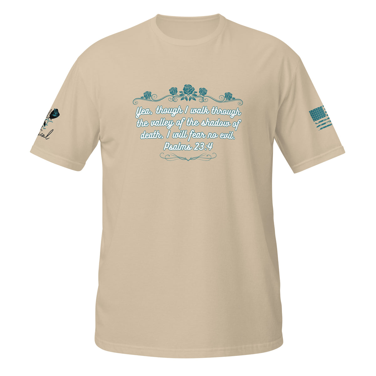 Christian faith T-shirt with Psalms 23:4 verse shown in product detail shot sand