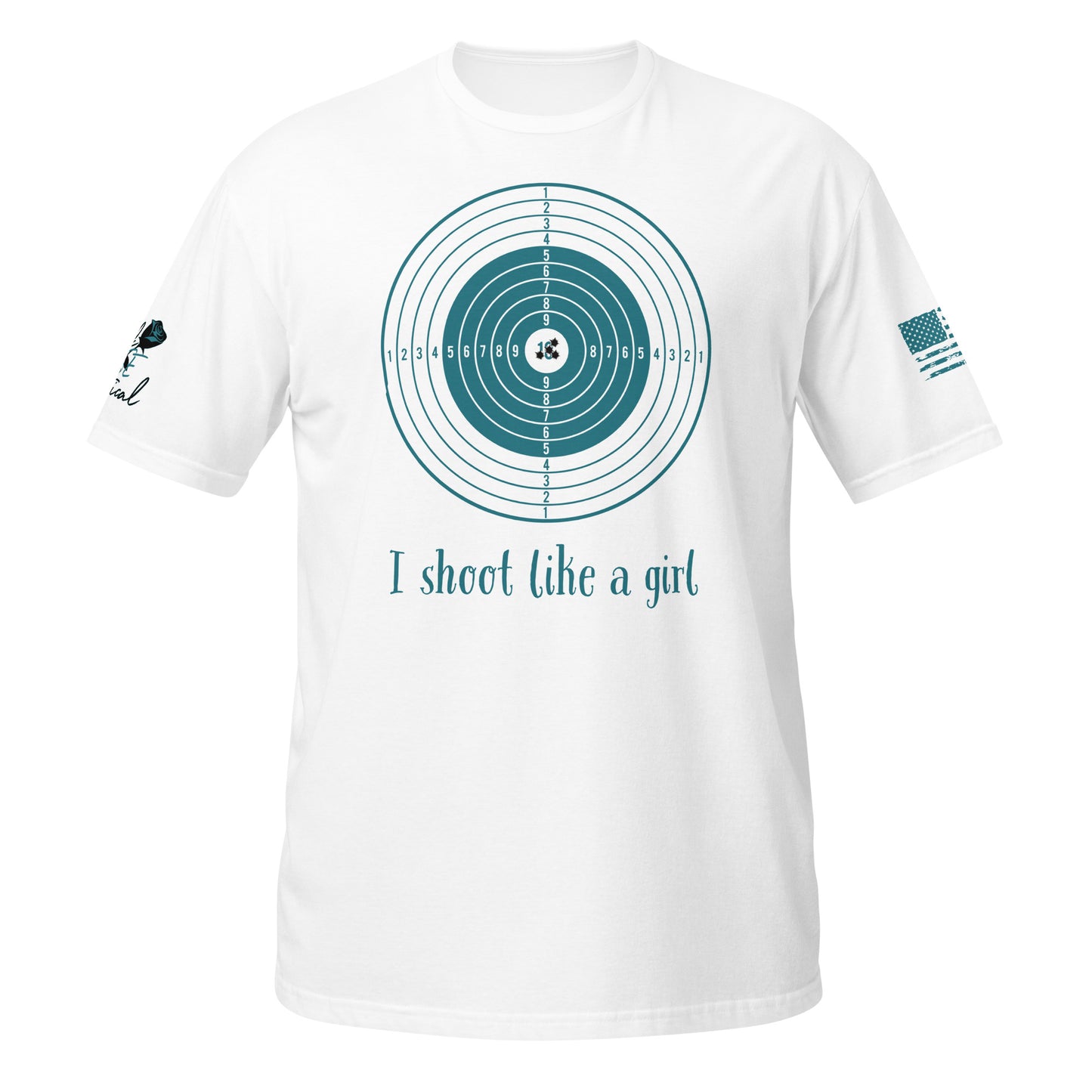 I Shoot Like a Girl short sleeve t-shirt flat lay with bold 2A design white