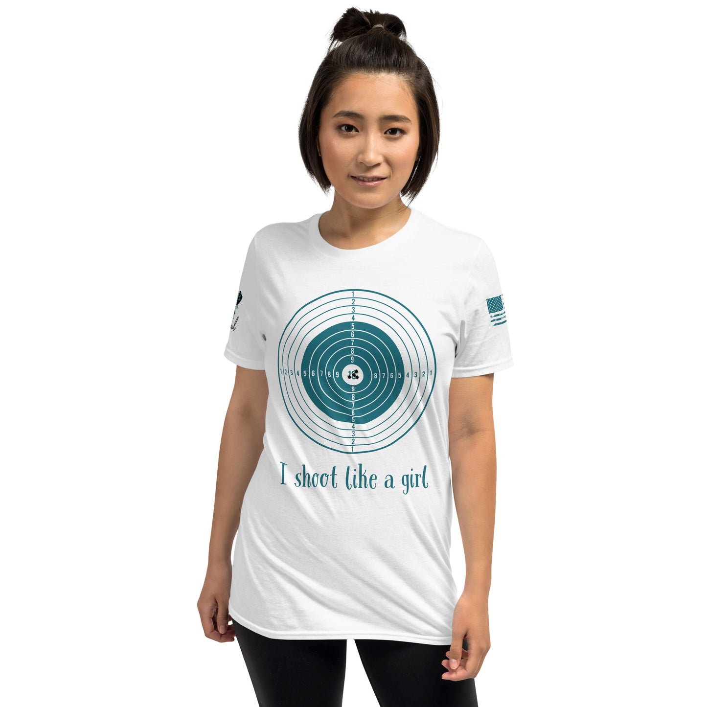 Woman wearing a white t-shirt with a graphic design and text on a white background