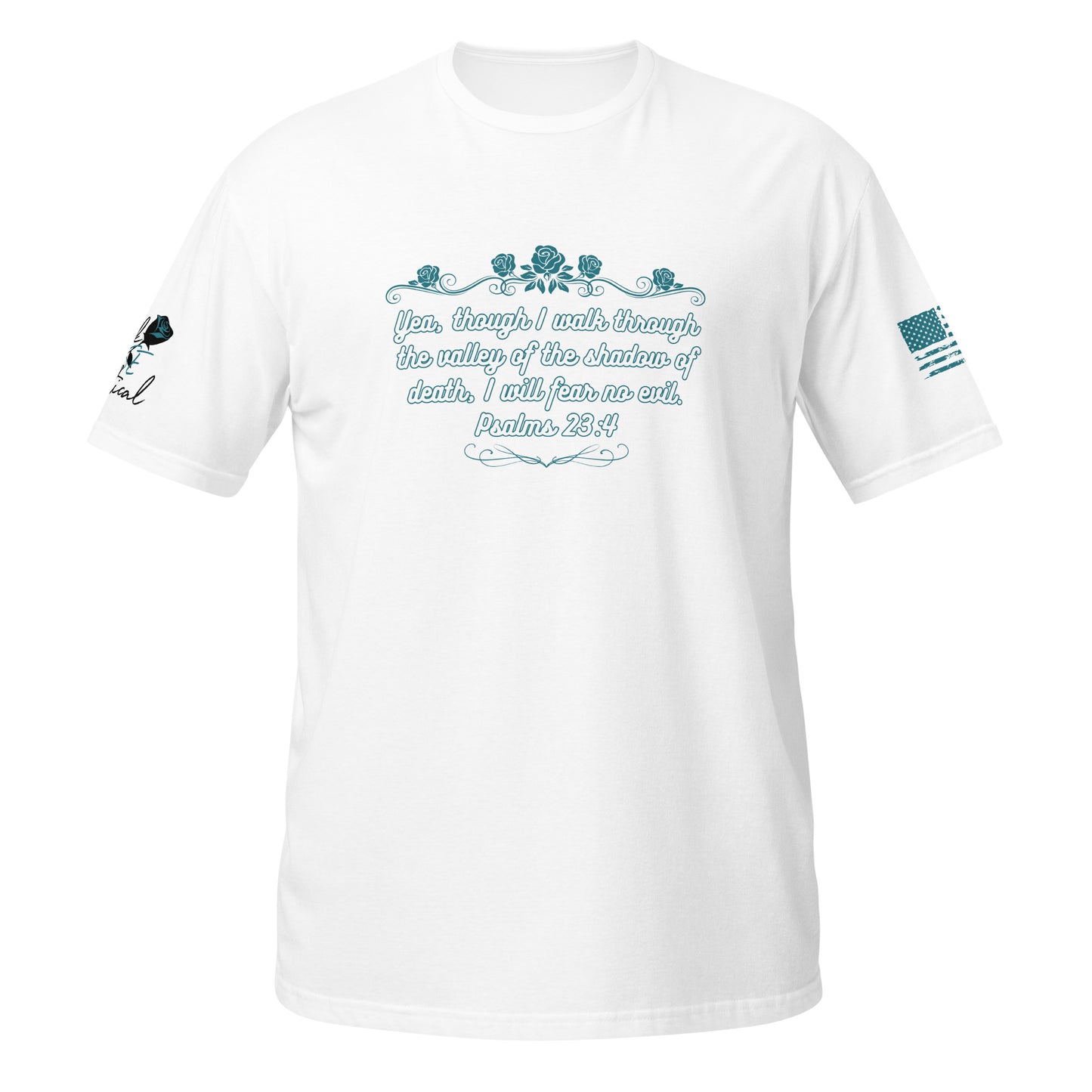 Christian faith T-shirt with Psalms 23:4 verse shown in product detail shot white