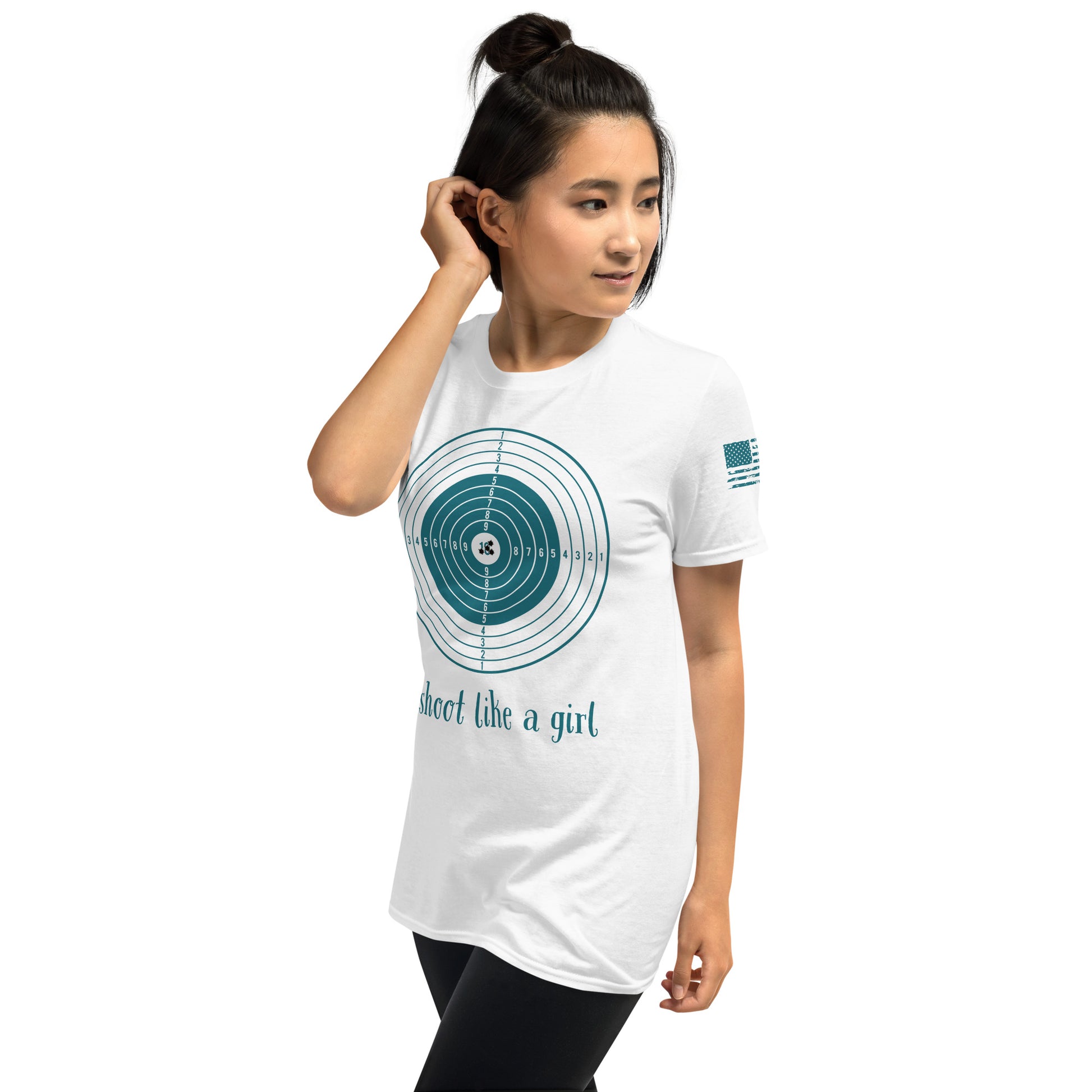 Woman wearing a white t-shirt with a graphic design and text on a white background