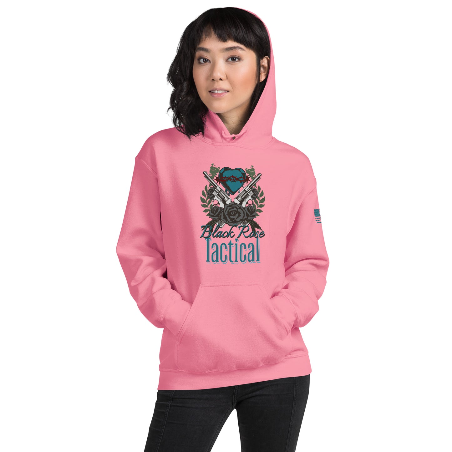 Person wearing a pink hoodie with 'Black Rose Tactical' logo on a white background