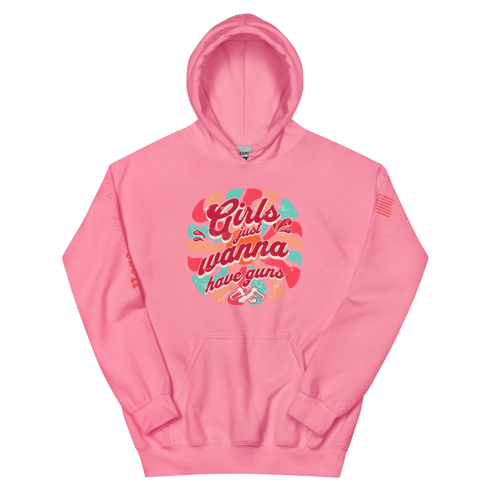 Pink hoodie with colorful graphic and text on a white background