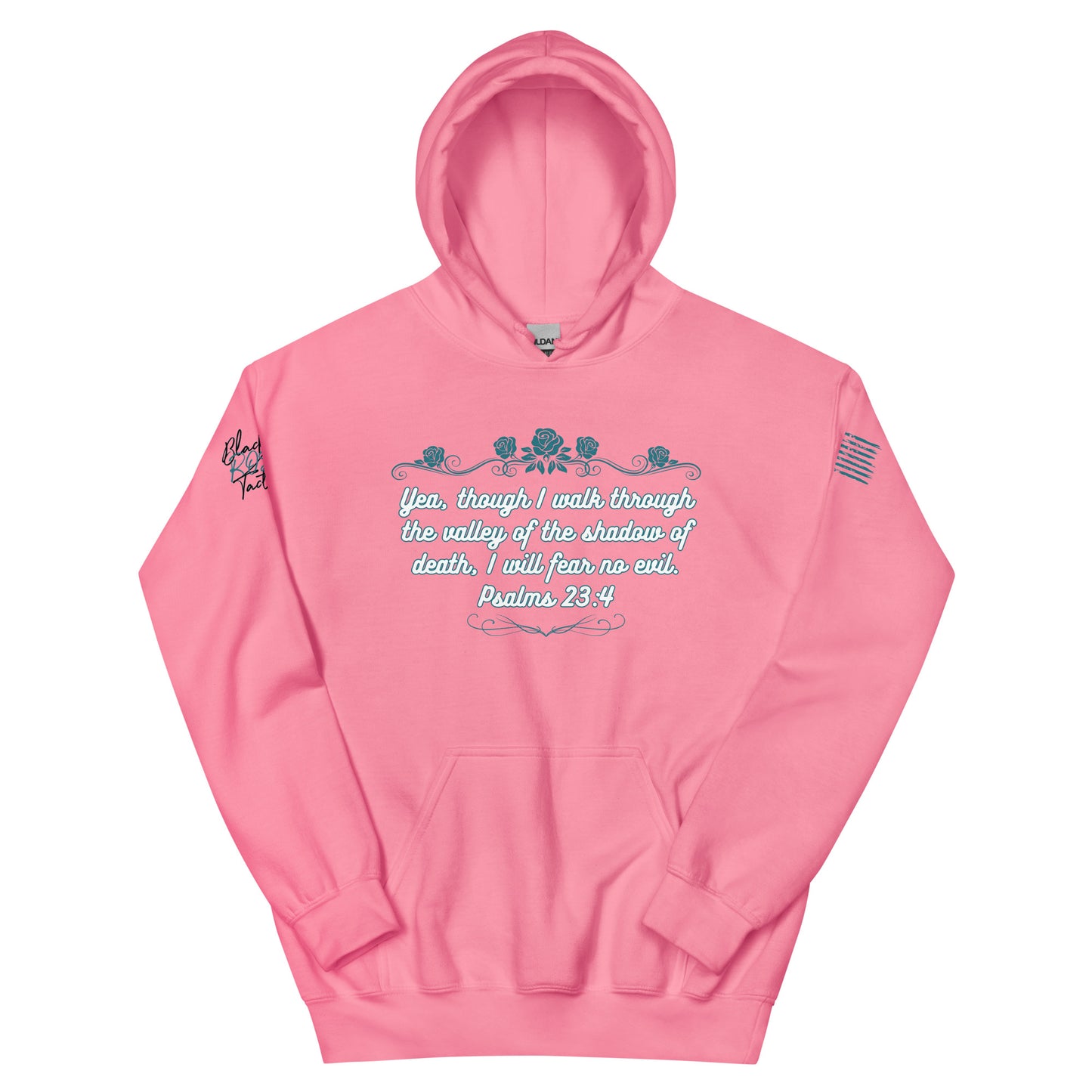 Pink hoodie with text and design on a white background