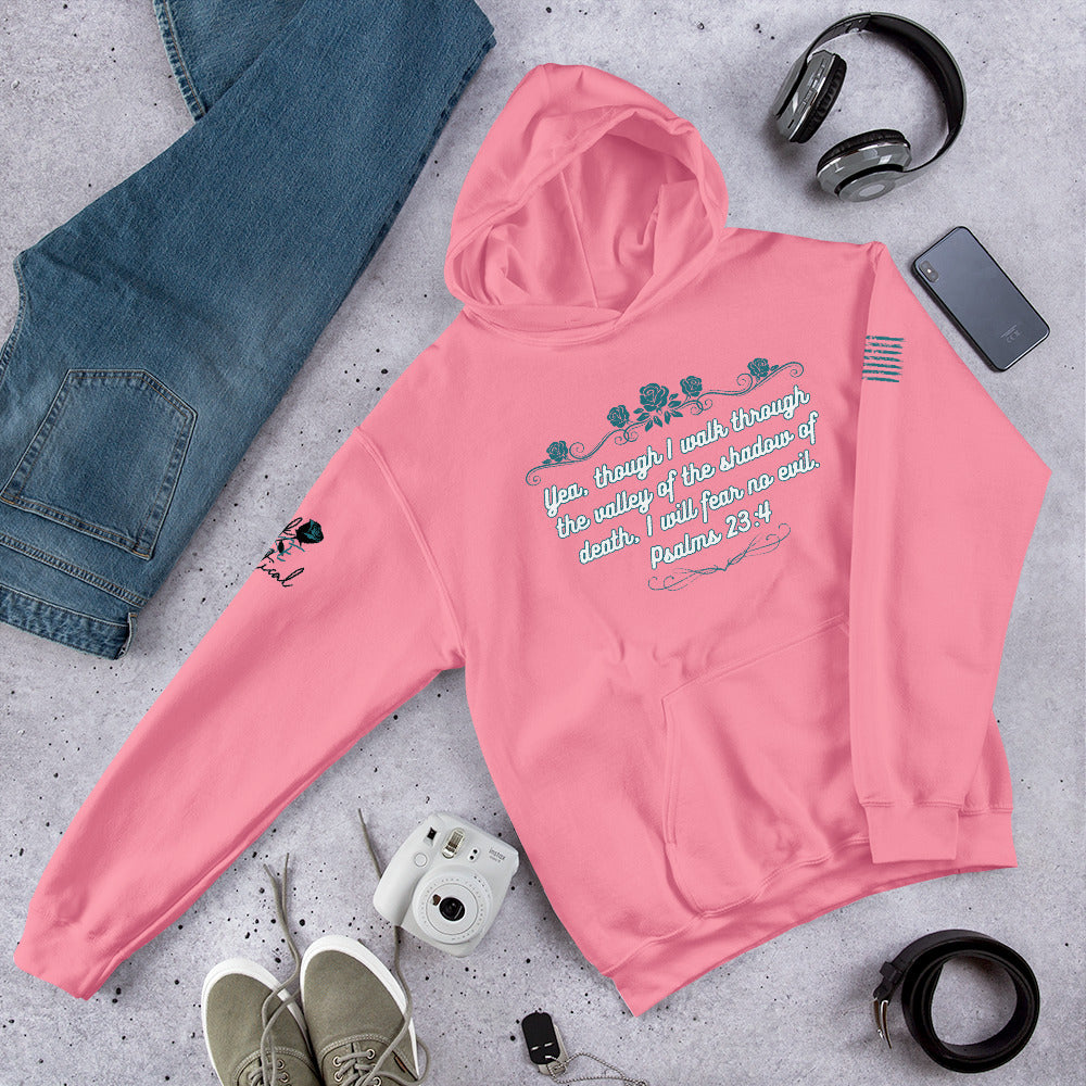 Front view of Psalms 23:4 hoodie showing Christian design and pocket pink