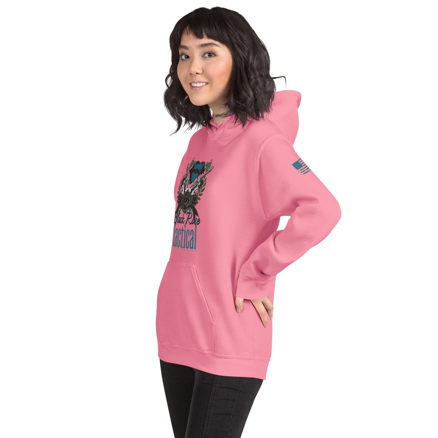 Person wearing a pink hoodie with a graphic design on a white background