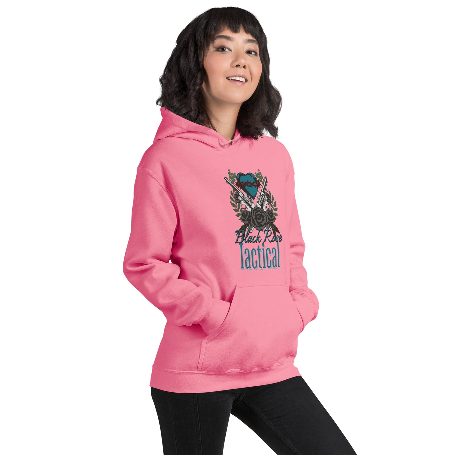 Person wearing a pink hoodie with a graphic design on a white background