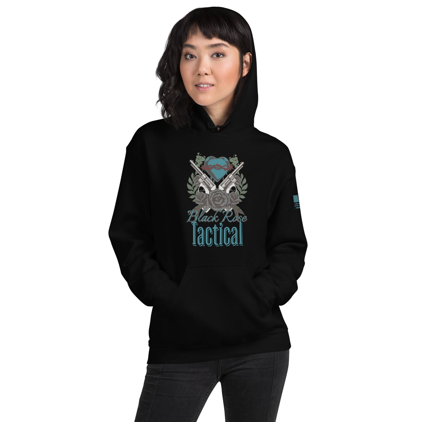 Person wearing a black hoodie with 'Black Rose Tactical' logo on a white background