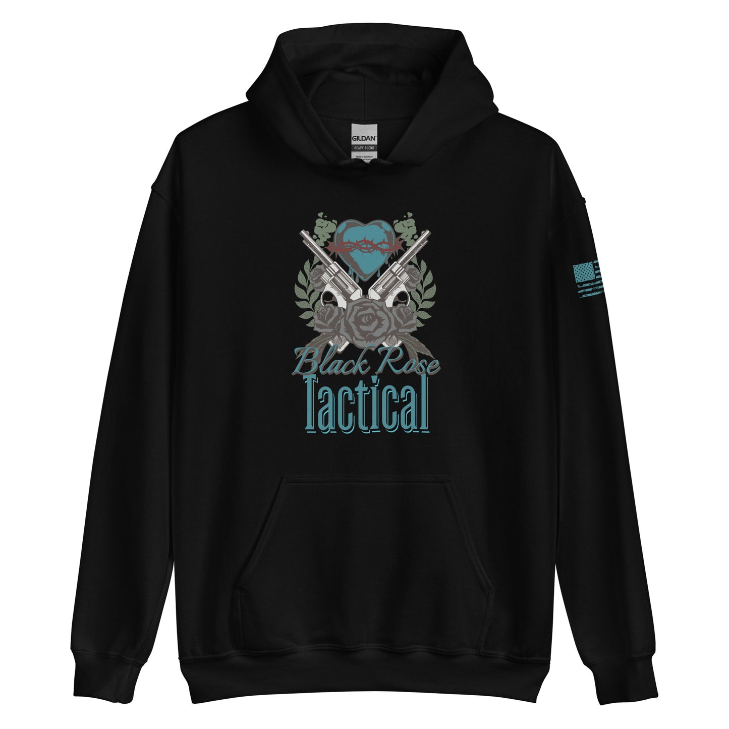 Black Rose Tactical Hoodie in black with bold graphic design, front pouch pocket, and drawstring hood