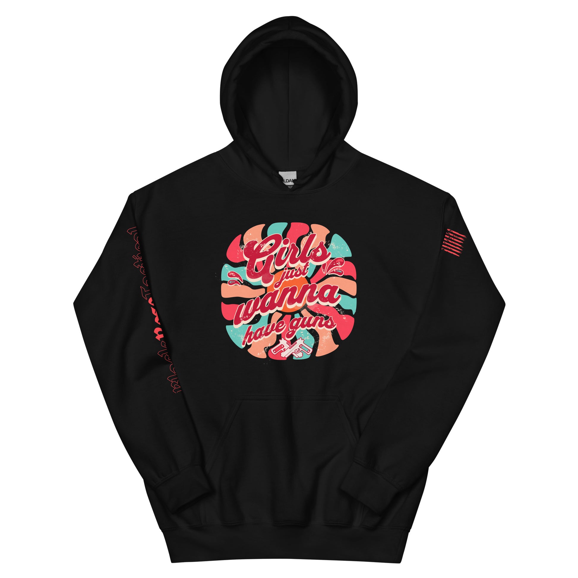 Close-up of Girls Just Wanna Have Guns slogan on cotton polyester hoodie.